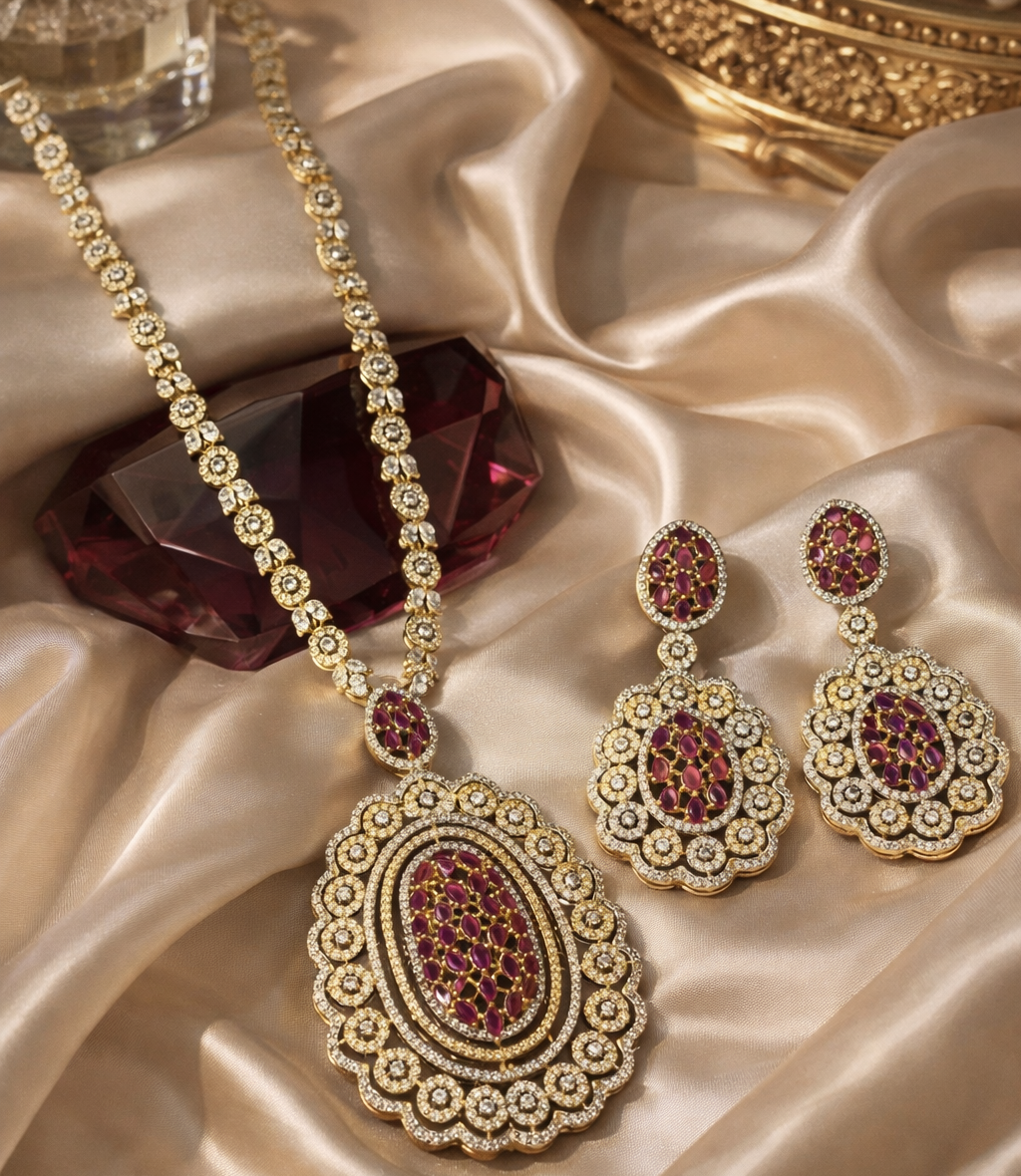 Royal Ruby Oval American Diamond Necklace Set