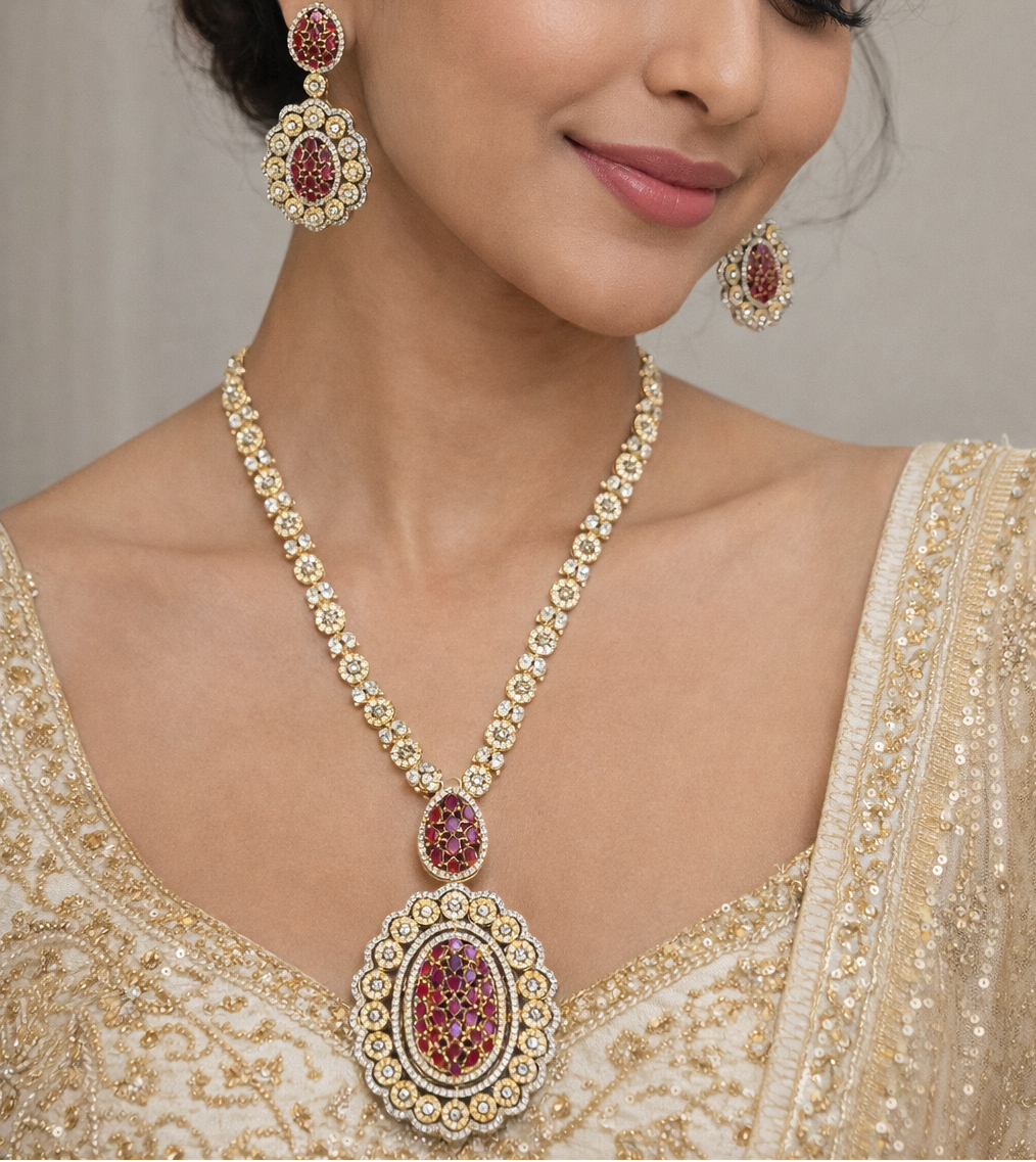 Royal Ruby Oval American Diamond Necklace Set