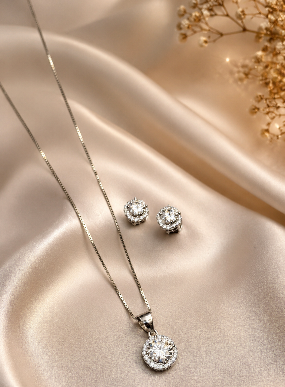925 Sterling Silver CZ Halo Pendant Necklace