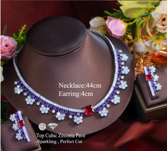 Purple Red Bridal Jewelry Set for Women Luxury Wedding