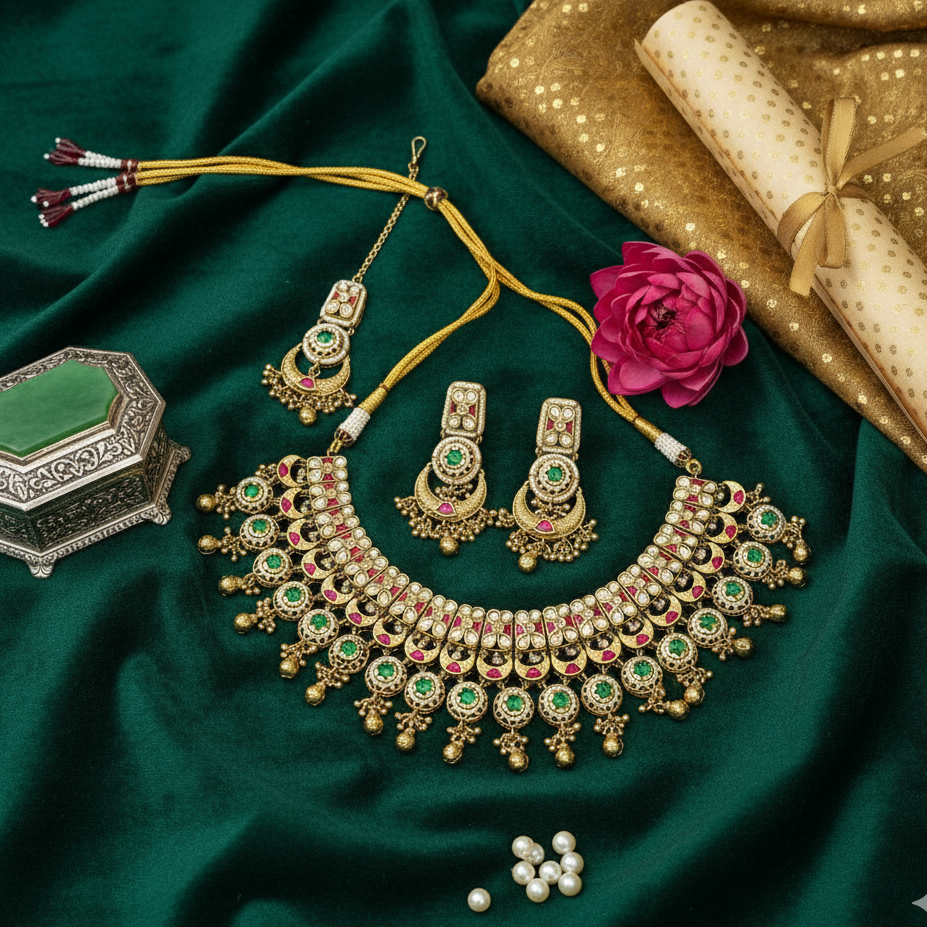 Emerald Royale Antique Kundan Bridal Necklace Set