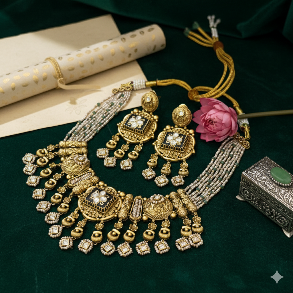 Regal Antique Gold Plated Kundan Bridal Necklace Set
