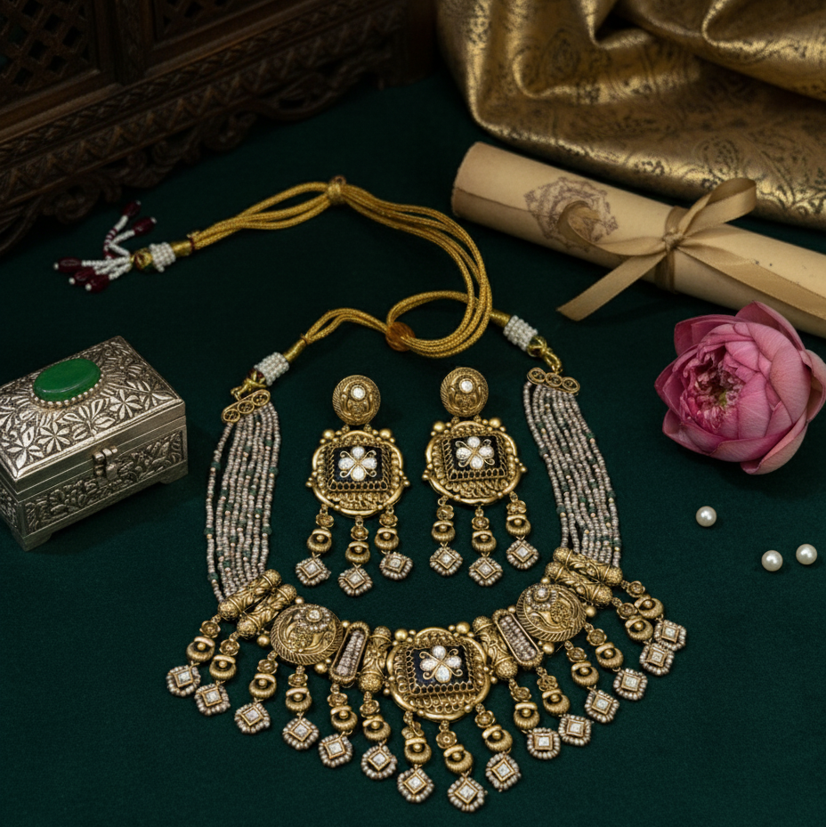 Regal Antique Gold Plated Kundan Bridal Necklace Set