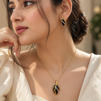 Emerald Green Leaf Pendant Necklace and Earrings Set – Gold-Tone Jewellery