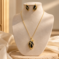 Emerald Green Leaf Pendant Necklace and Earrings Set – Gold-Tone Jewellery