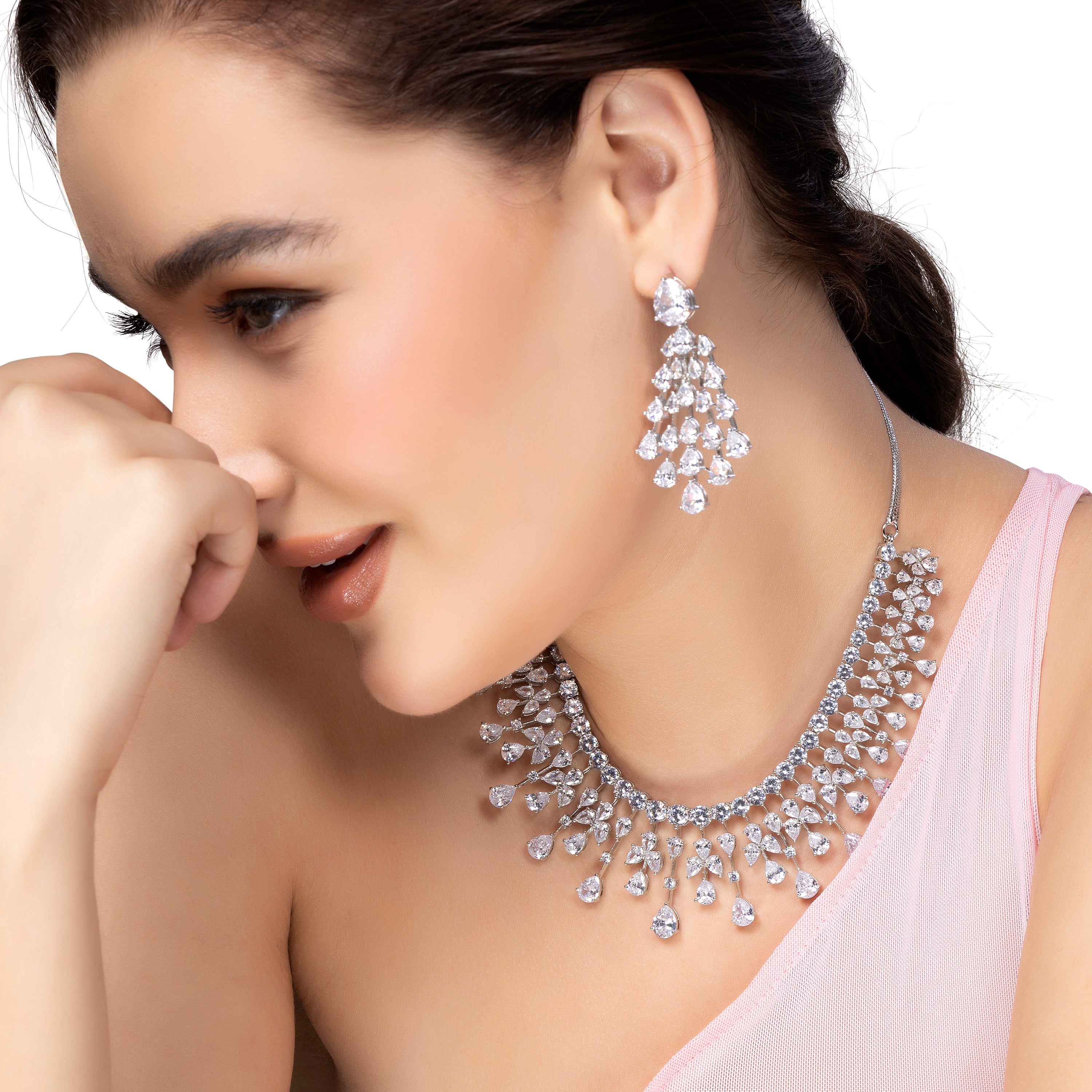 Glamorous Waterdrop CZ Necklace Set with Statement Earrings