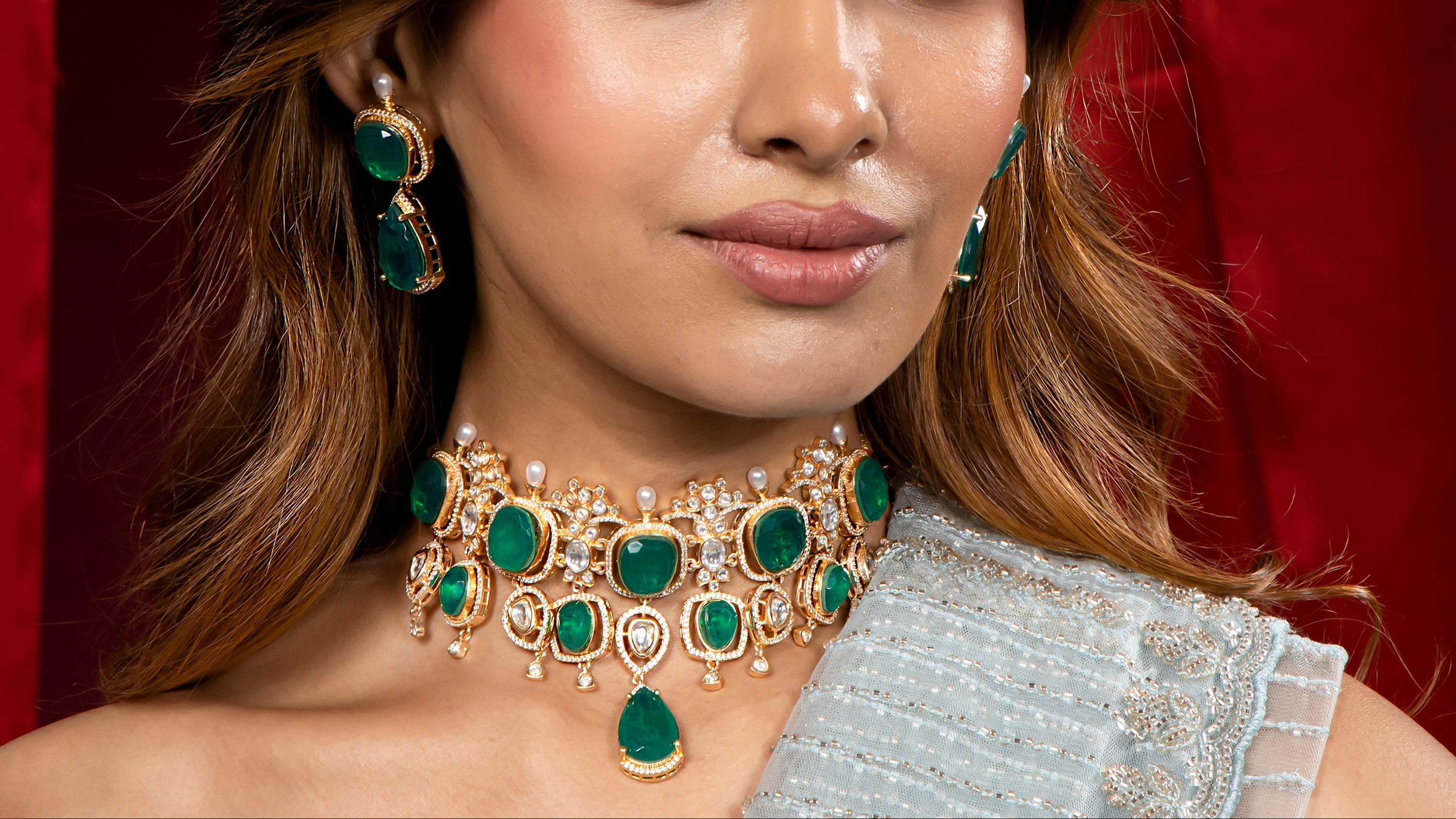 Emerald Green Stone Choker Necklace Set for Women