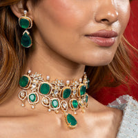 Emerald Green Stone Choker Necklace Set for Women
