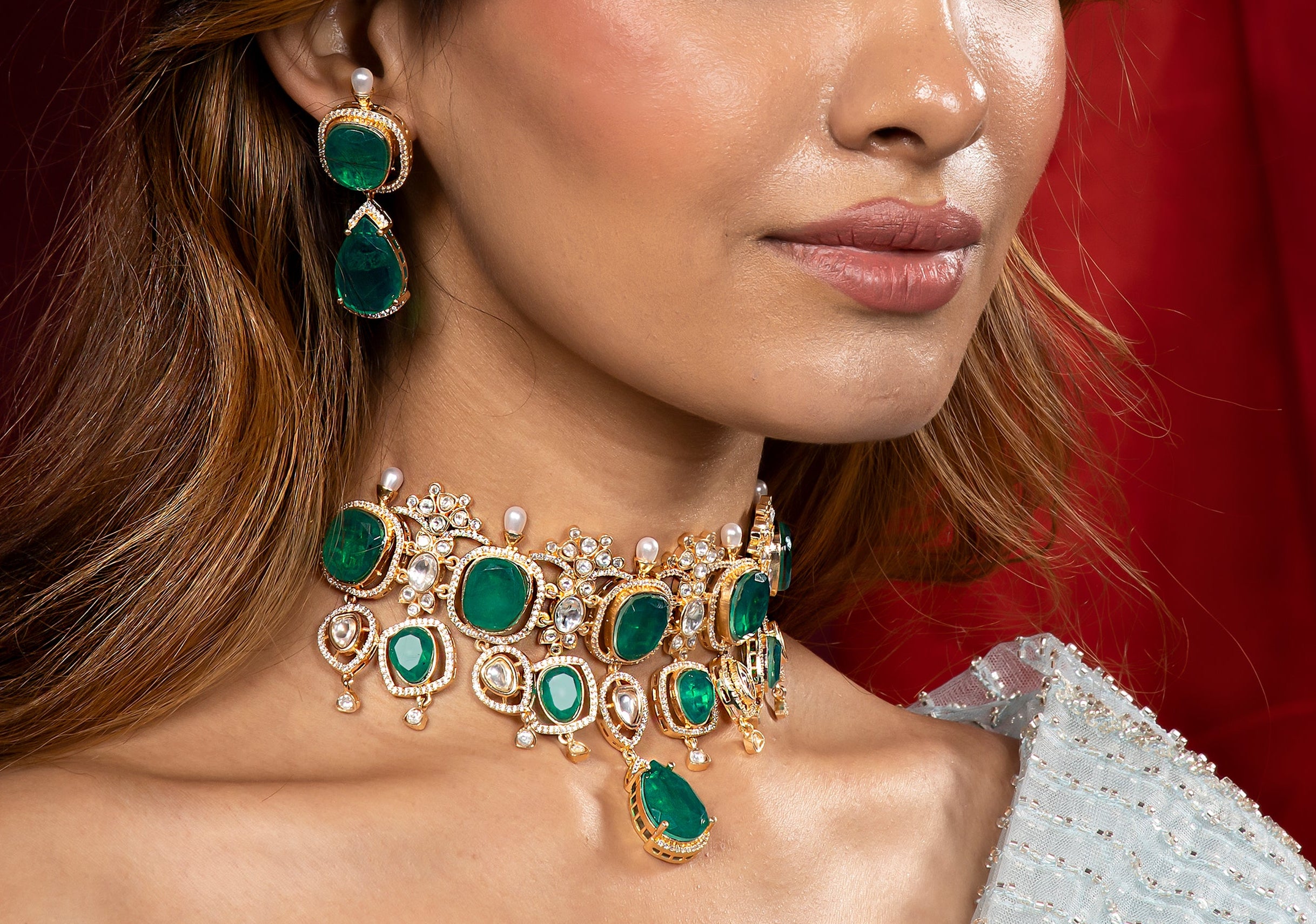 Emerald Green Stone Choker Necklace Set for Women