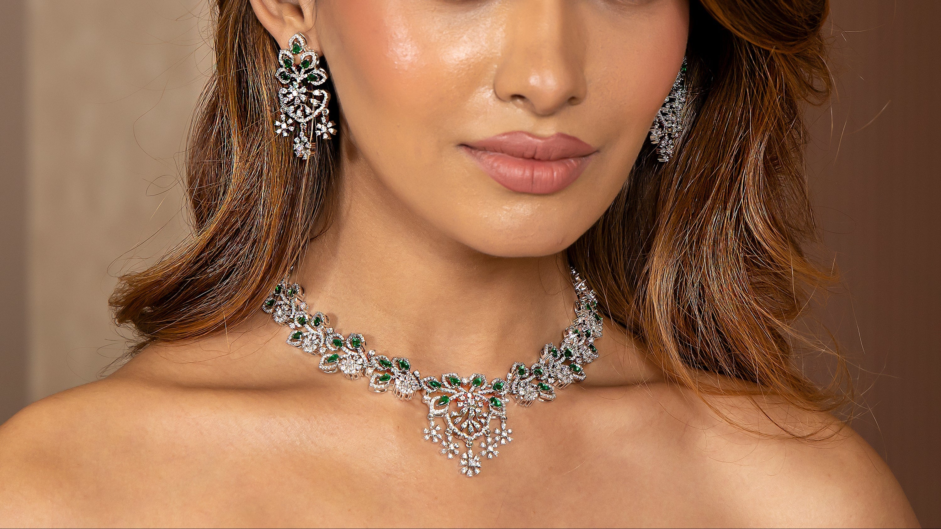 Emerald Floral Diamond Look Necklace Set