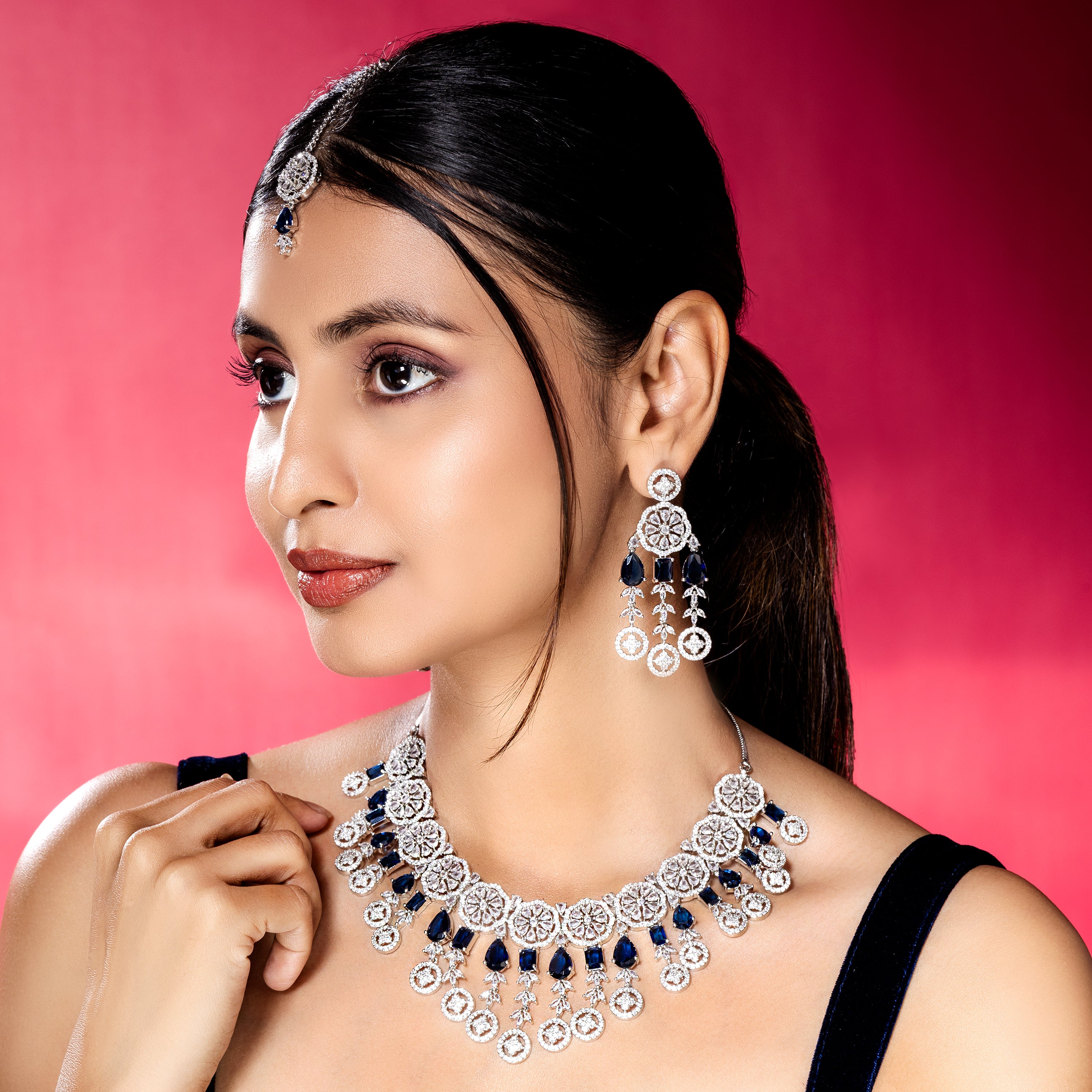 Sapphire Blue American Diamond Necklace Set-Mivanaa