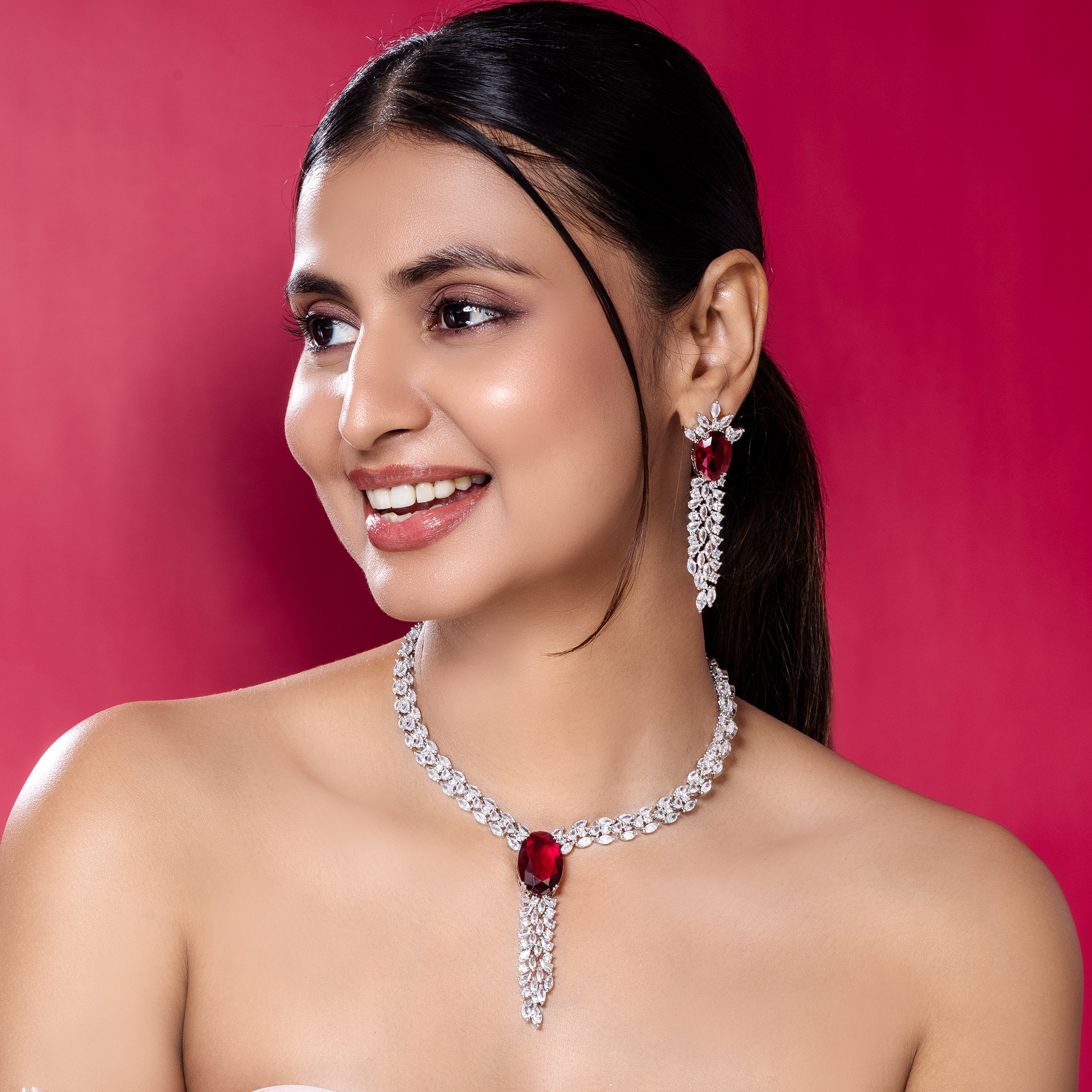 Ruby Red American Diamond Necklace Set-Mivanaa