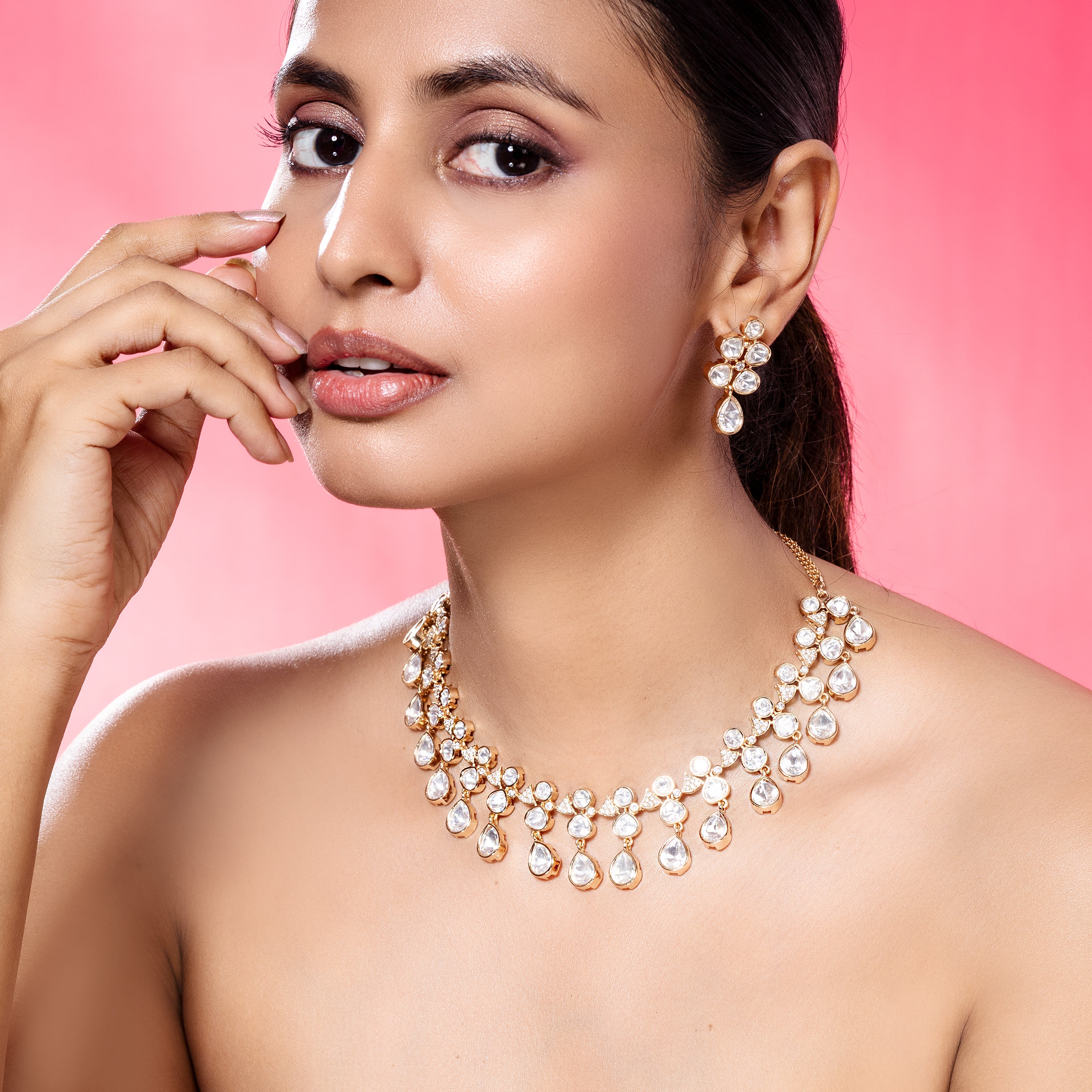 Elegant Real Polki Necklace Set-Mivanaa