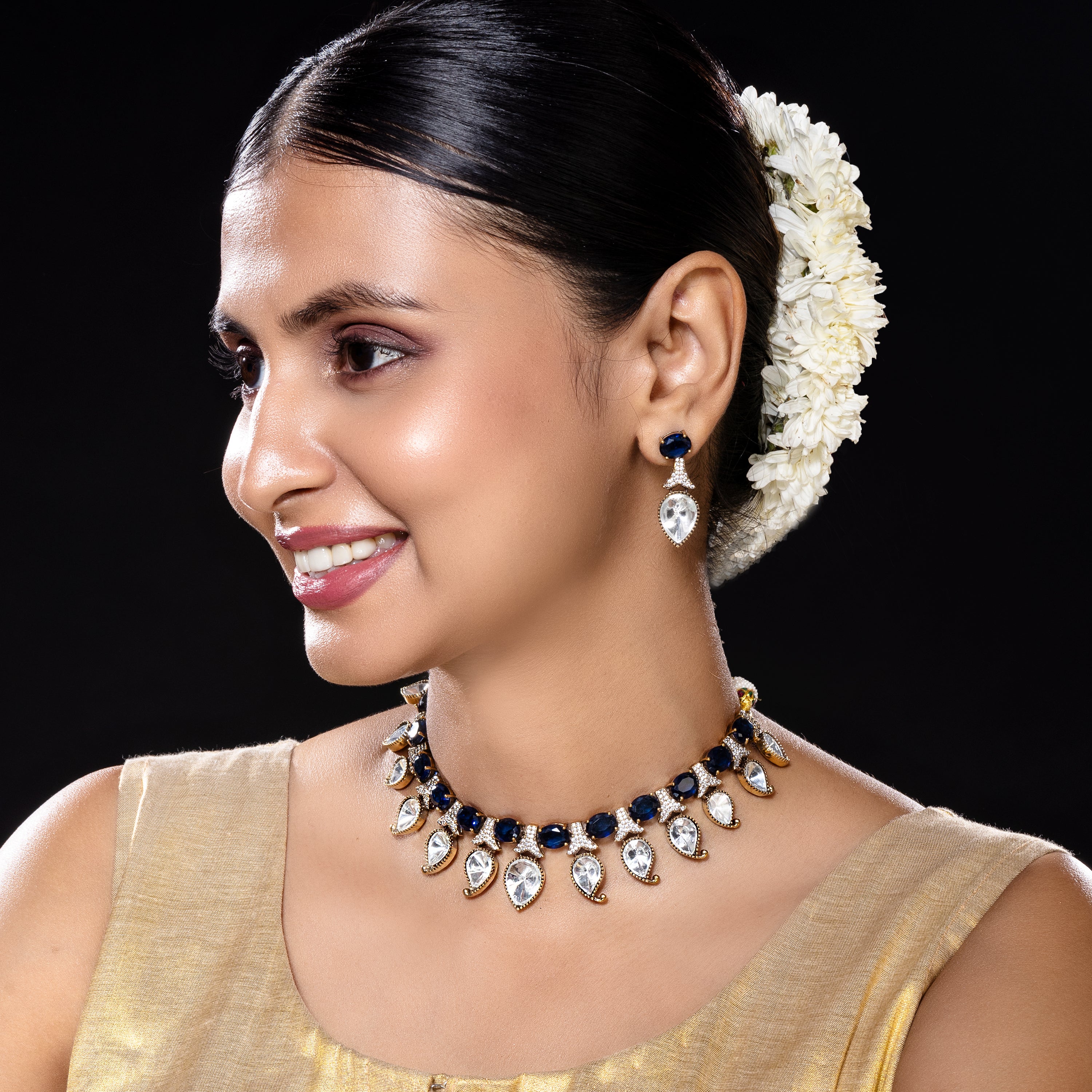 Blue Petal Kundan Elegance Necklace-Mivanaa