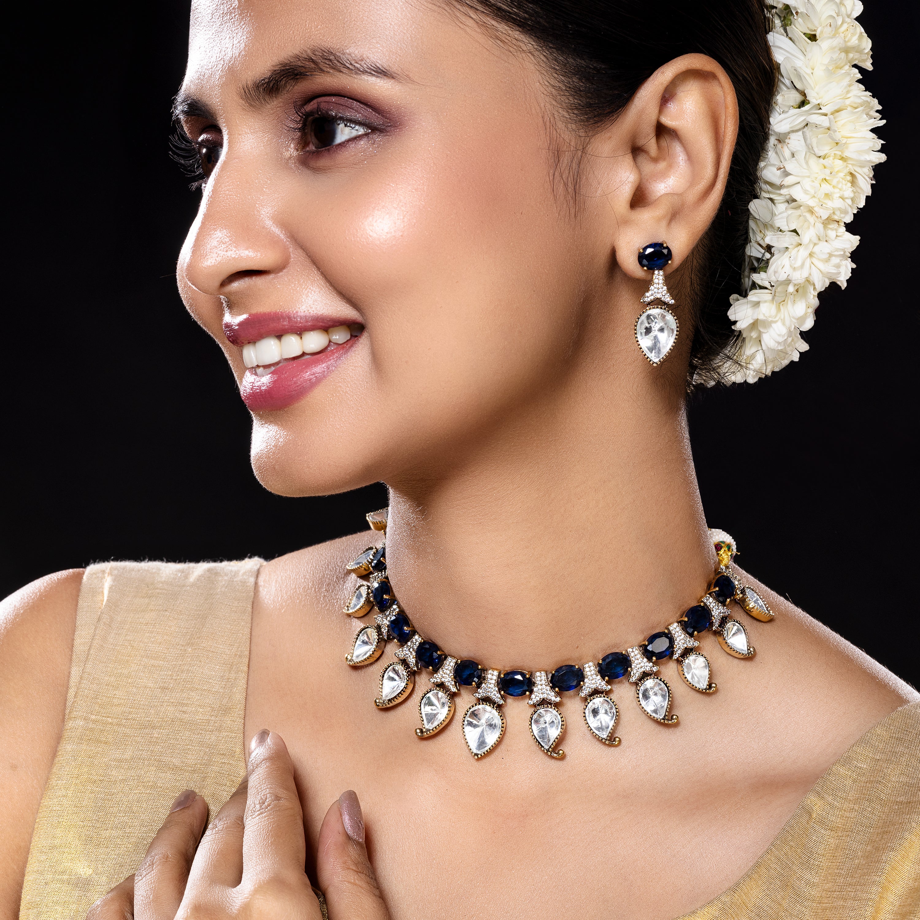 Blue Petal Kundan Elegance Necklace-Mivanaa