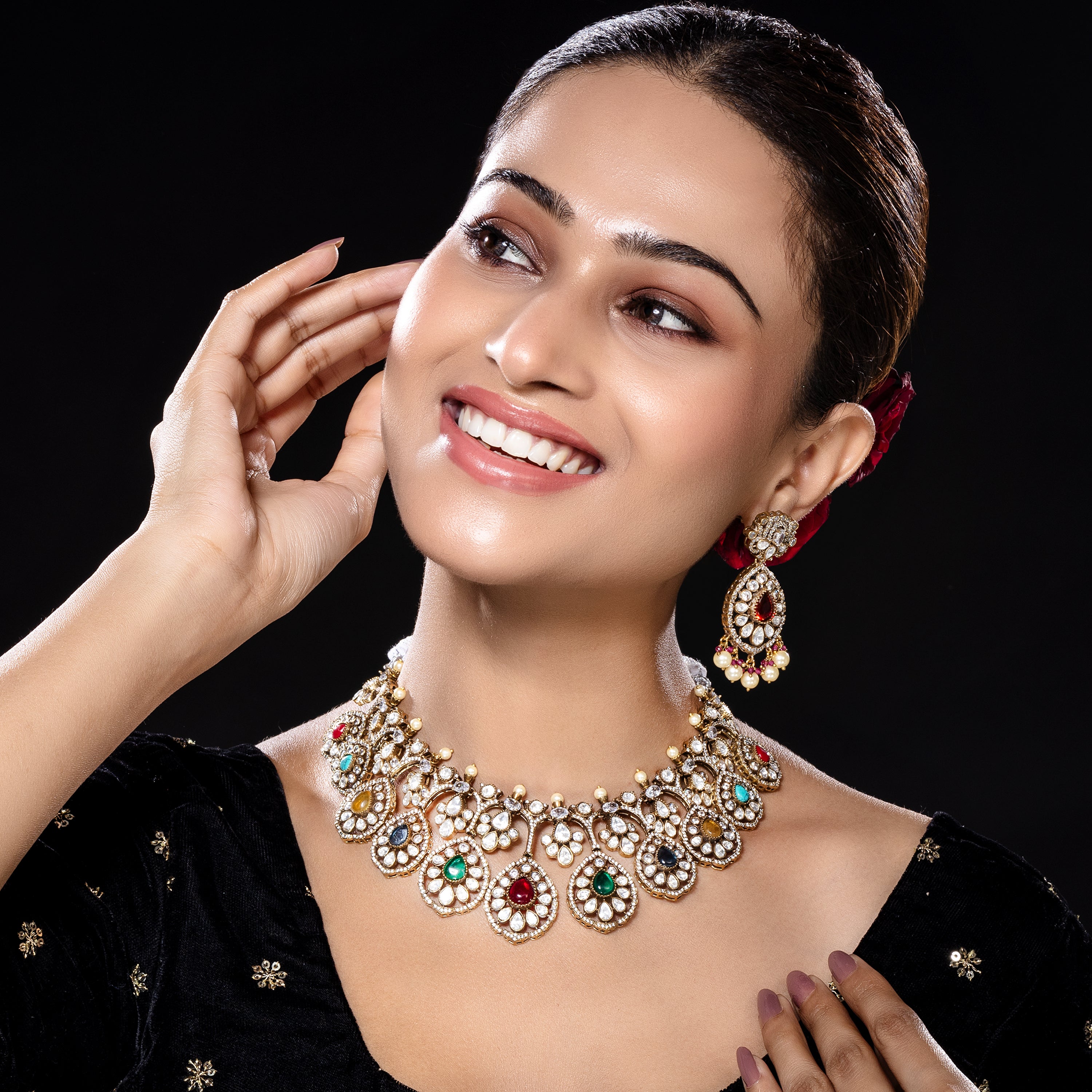Multicolour Wedding Kundan Necklace Set-Mivanaa