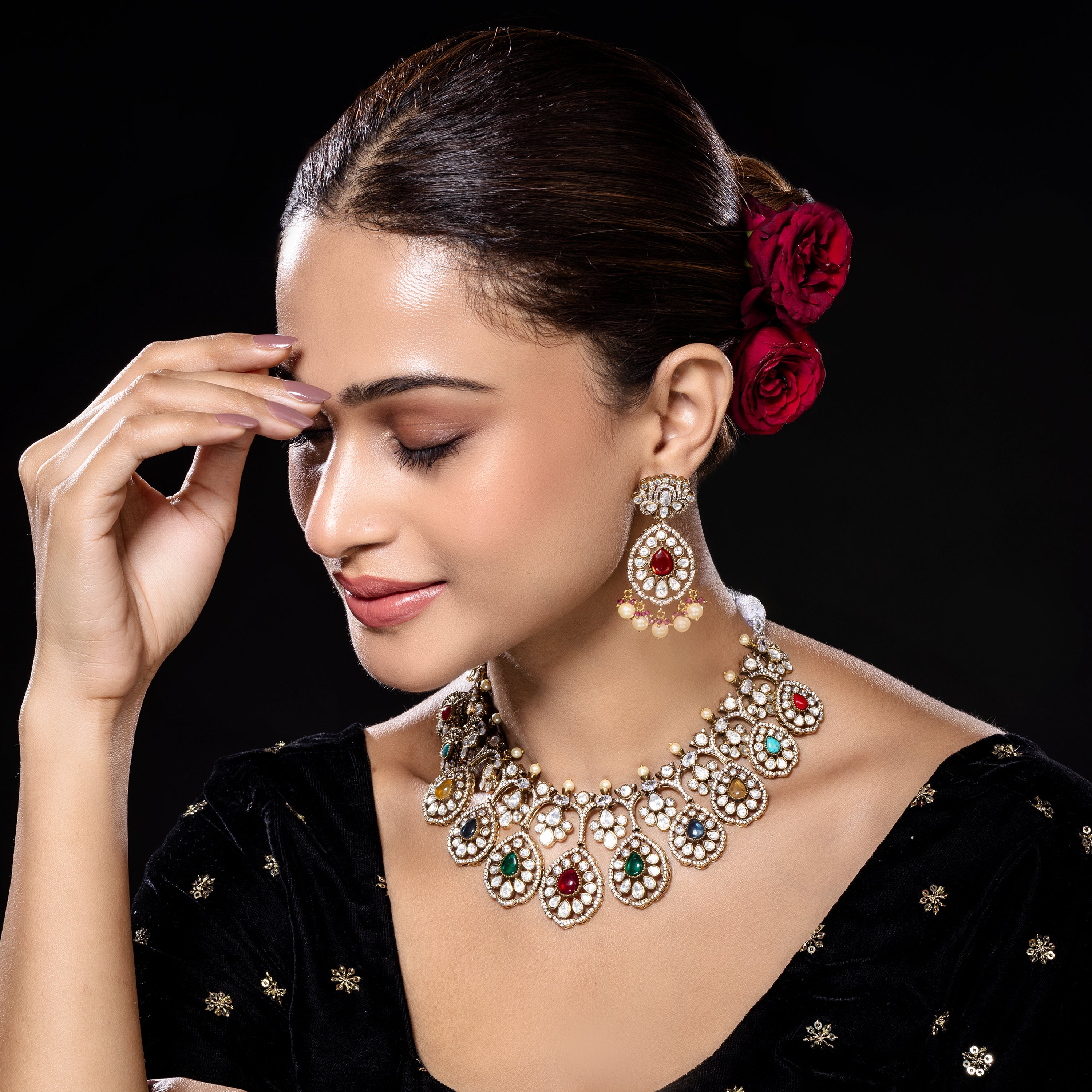 Multicolour Wedding Kundan Necklace Set-Mivanaa