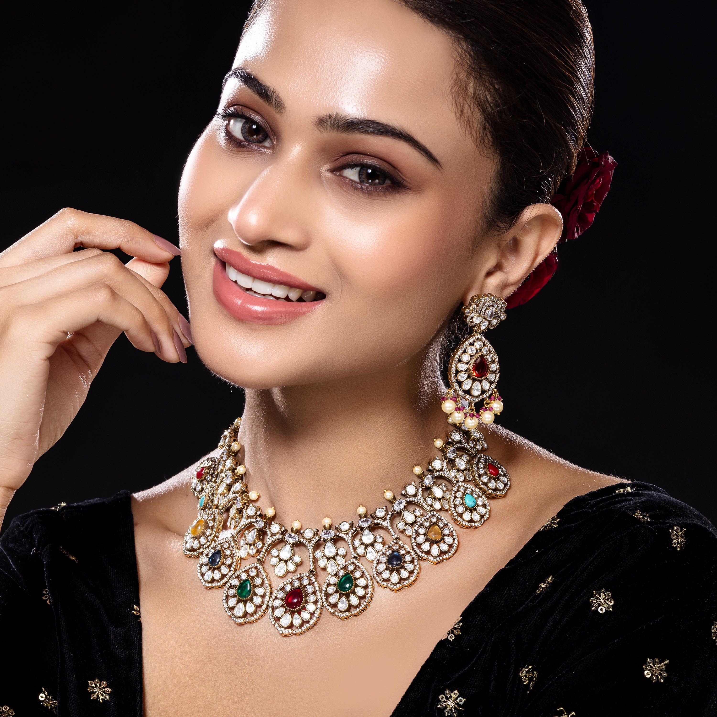 Multicolour Wedding Kundan Necklace Set-Mivanaa