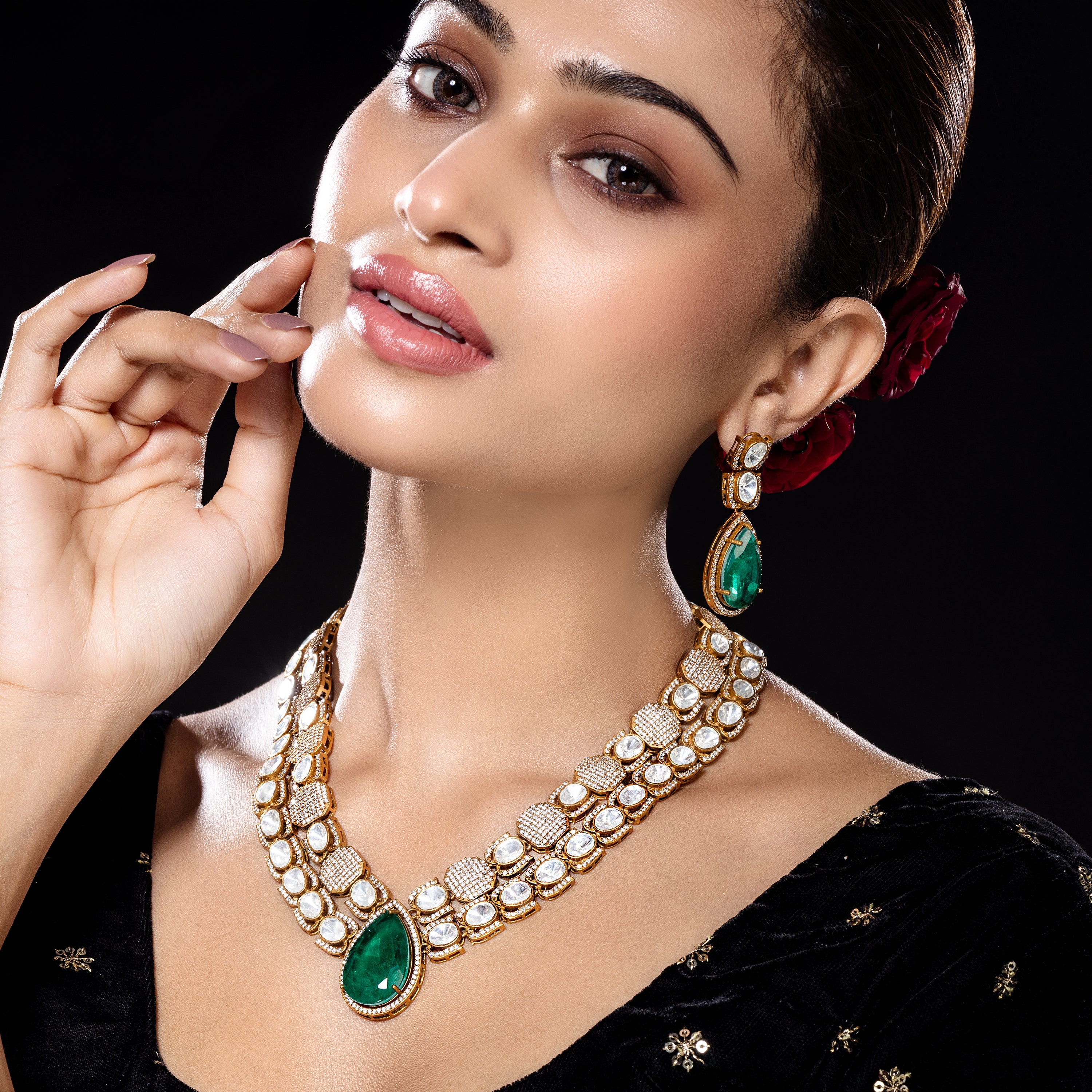 Emerald Doublet Kundan Necklace Set-Mivanaa
