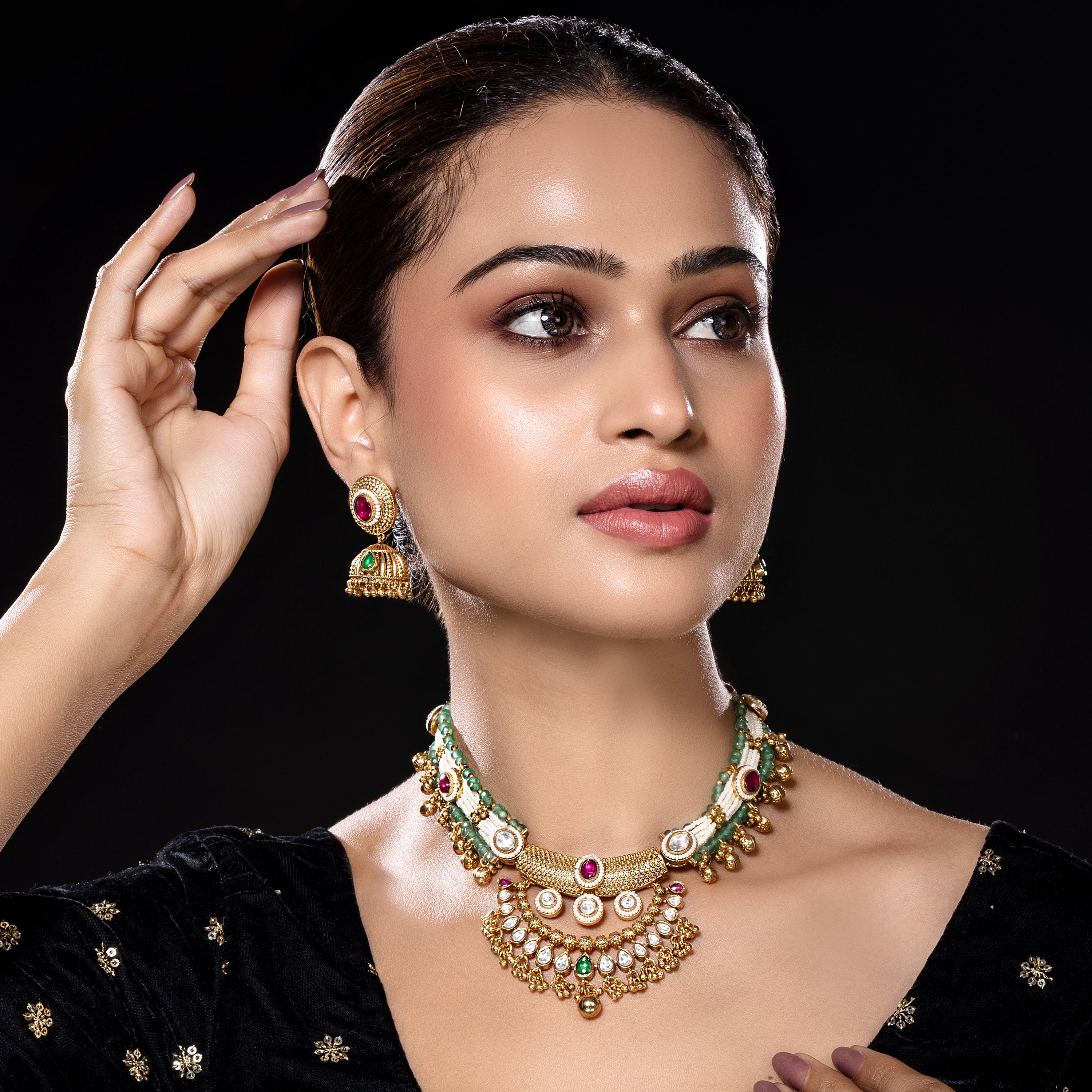 Royal Kundan and Pearl Layered Necklace Set-Mivanaa