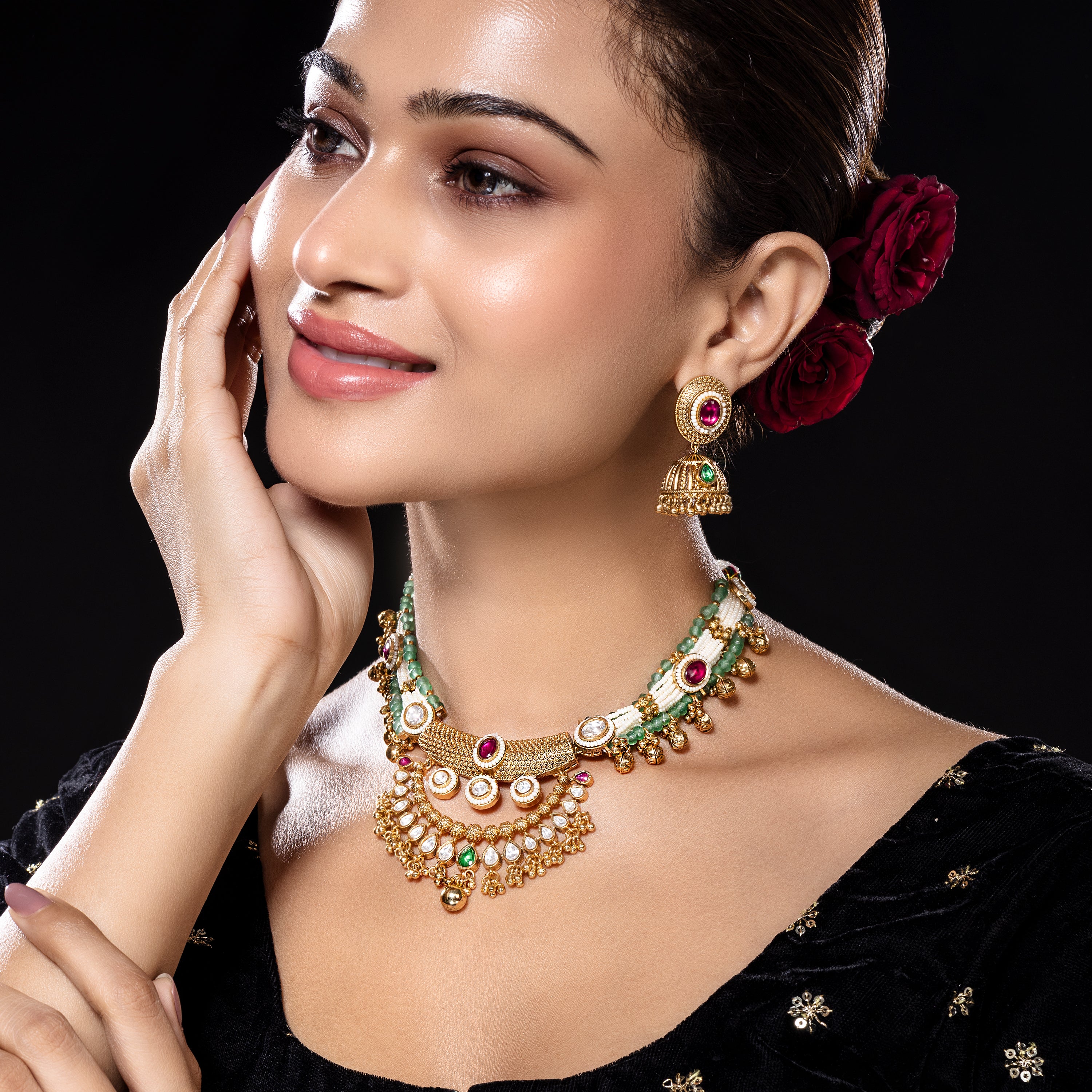 Royal Kundan and Pearl Layered Necklace Set-Mivanaa