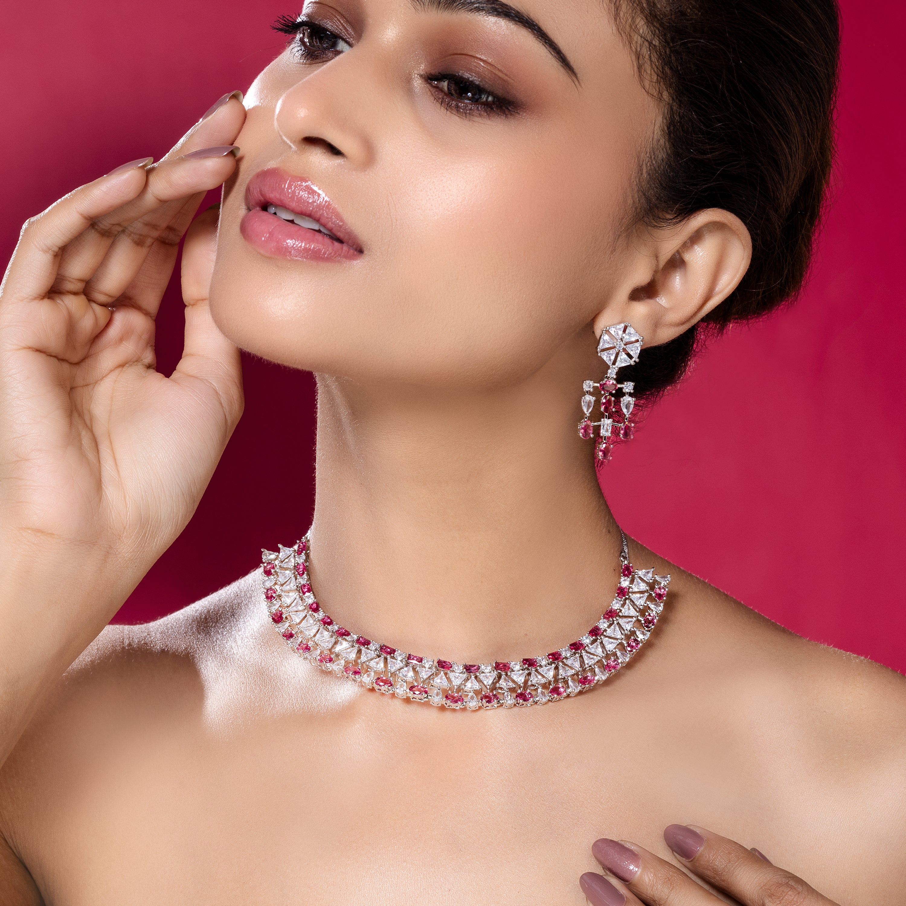 Ruby & Diamond Choker Necklace Set-Mivanaa