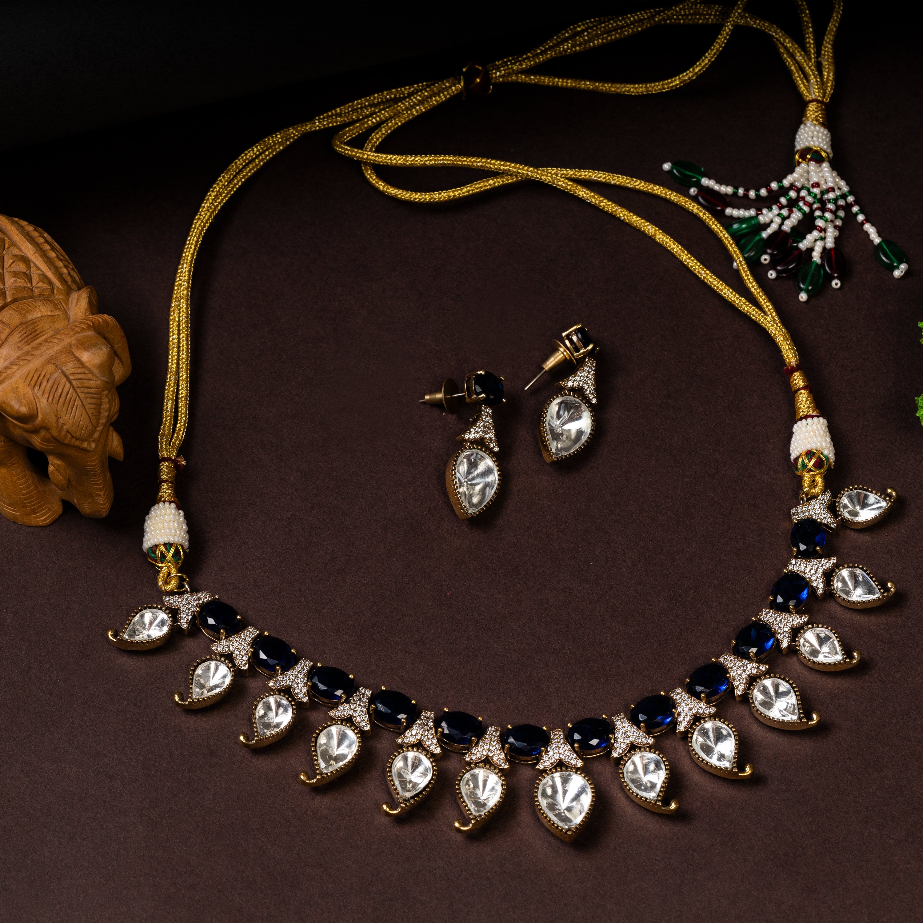 Blue Petal Kundan Elegance Necklace-Mivanaa