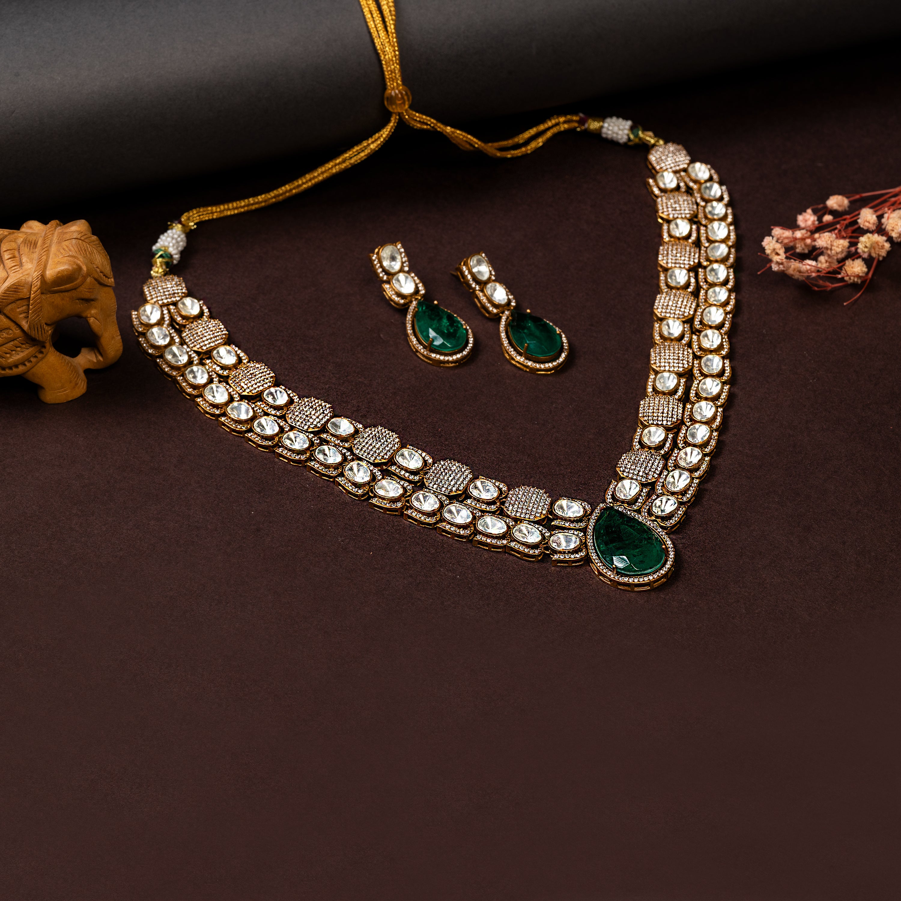 Emerald Doublet Kundan Necklace Set-Mivanaa