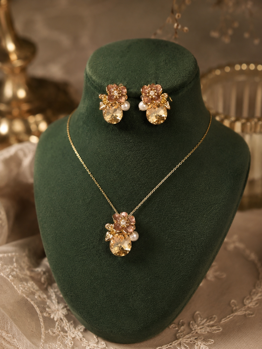 Vintage Floral Crystal Pendant Necklace & Stud Earrings Set