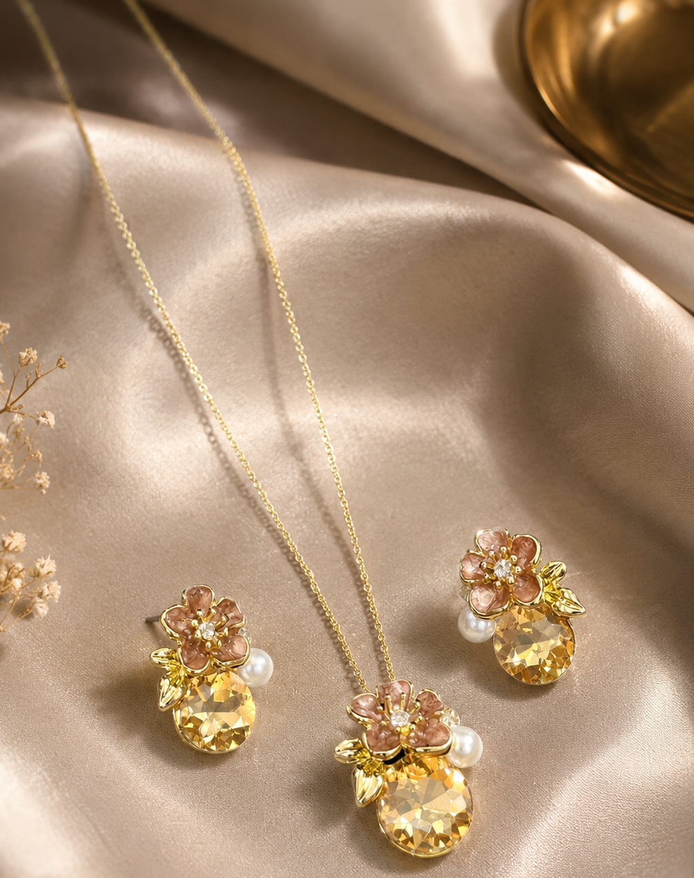 Vintage Floral Crystal Pendant Necklace & Stud Earrings Set
