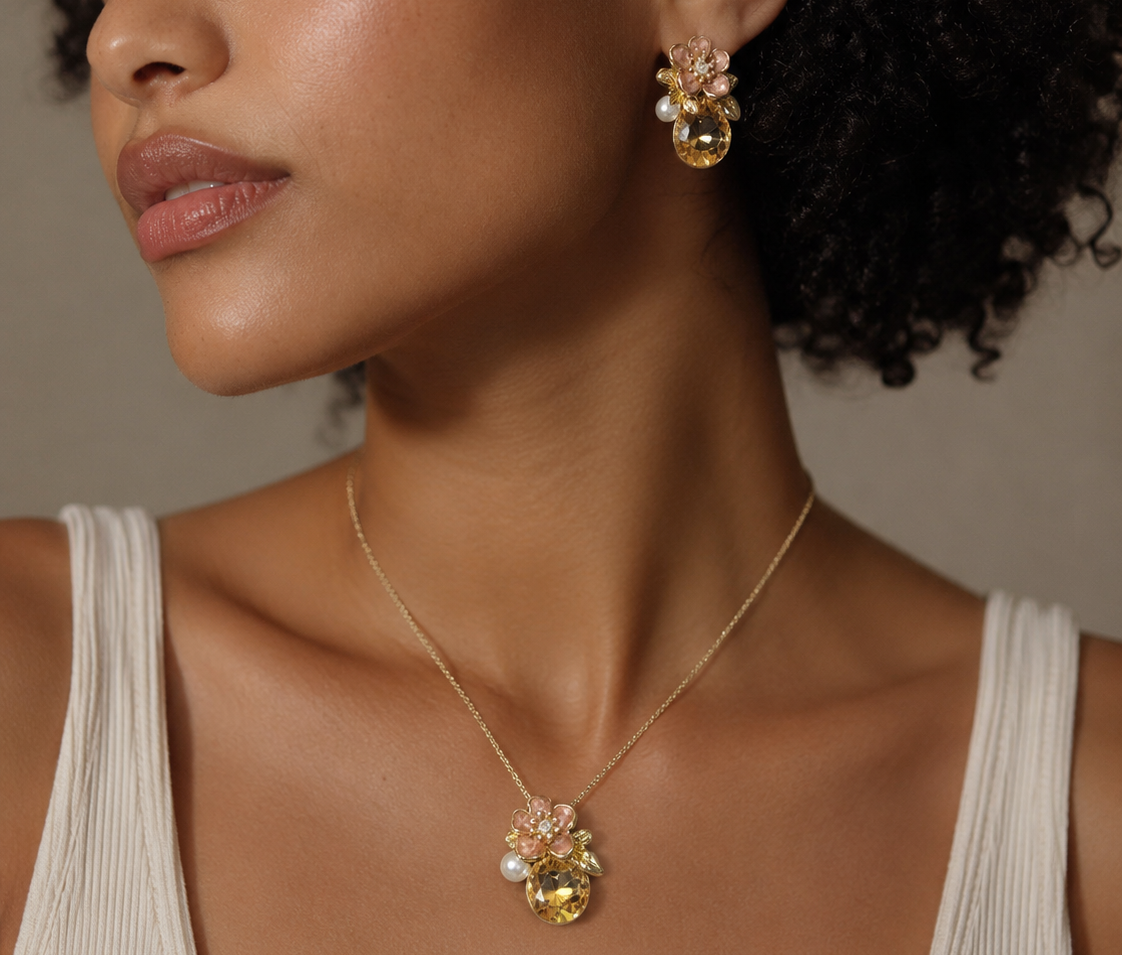 Vintage Floral Crystal Pendant Necklace & Stud Earrings Set