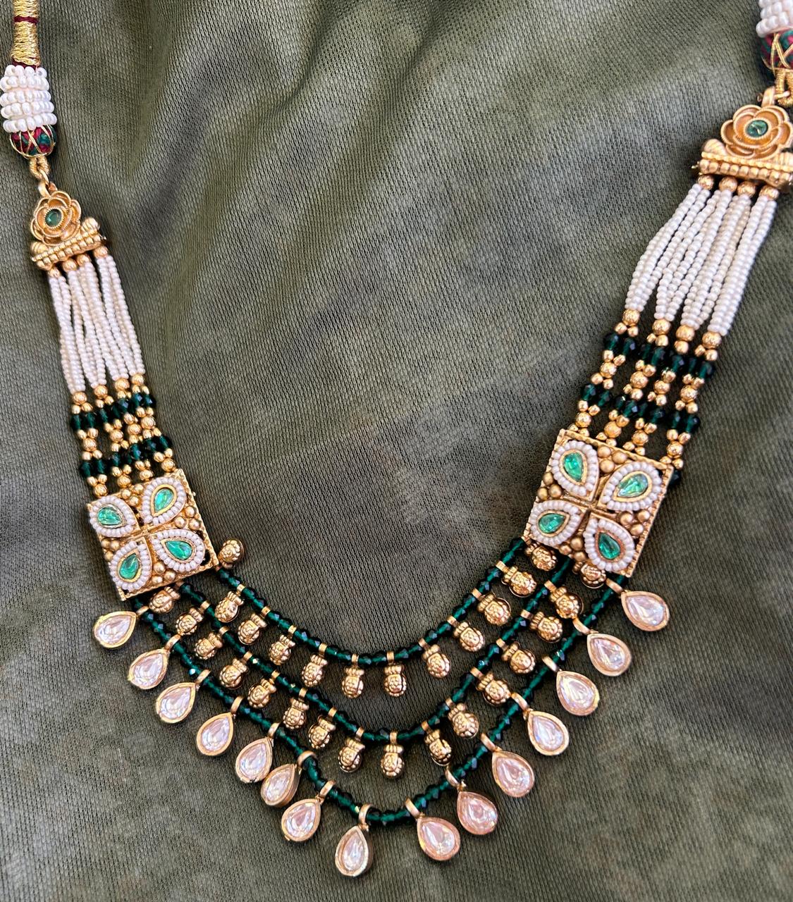 Royal Envy Gold Polish Moissanite Kundan Green Set-Mivanaa