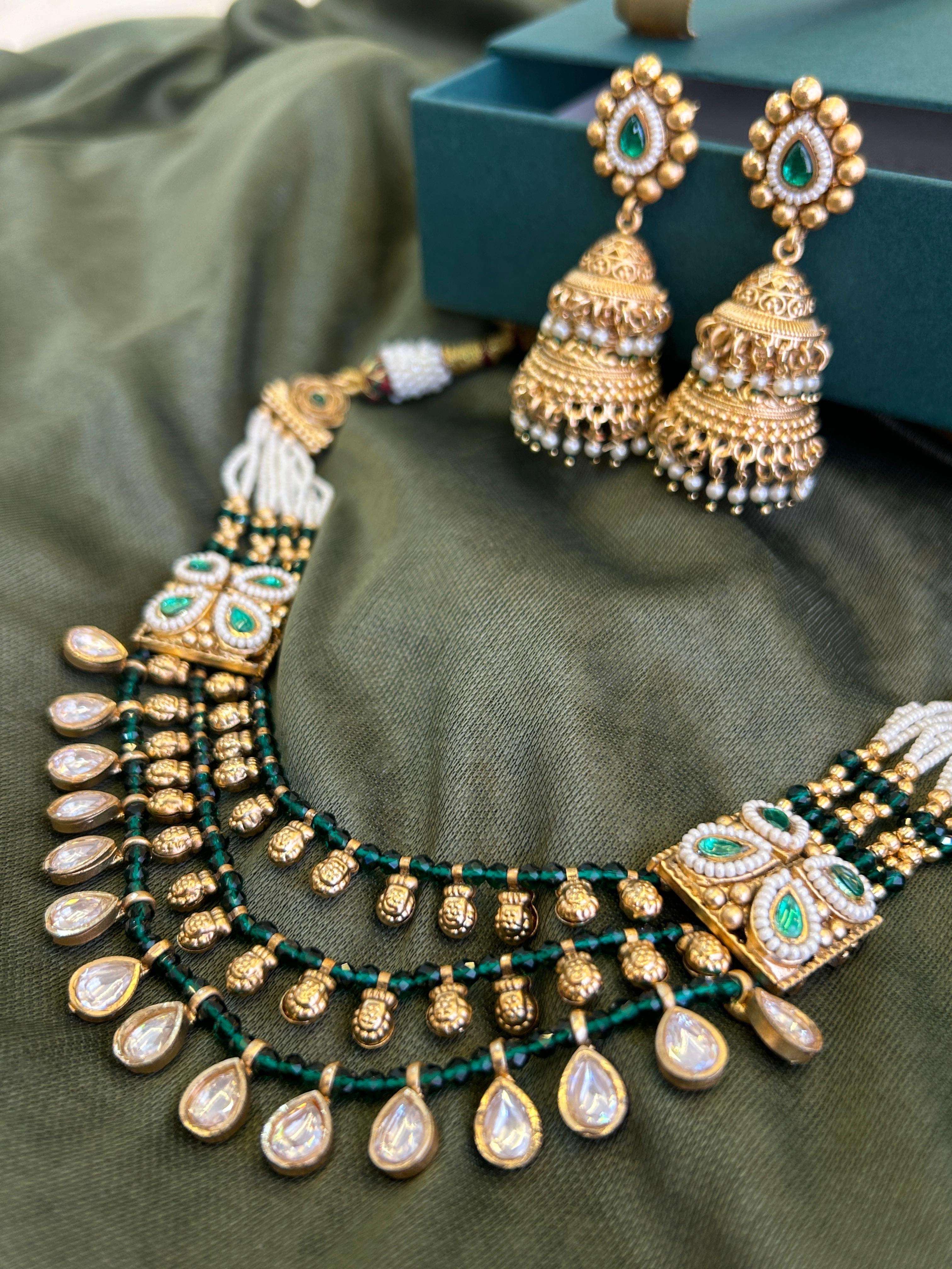 Royal Envy Gold Polish Moissanite Kundan Green Set-Mivanaa