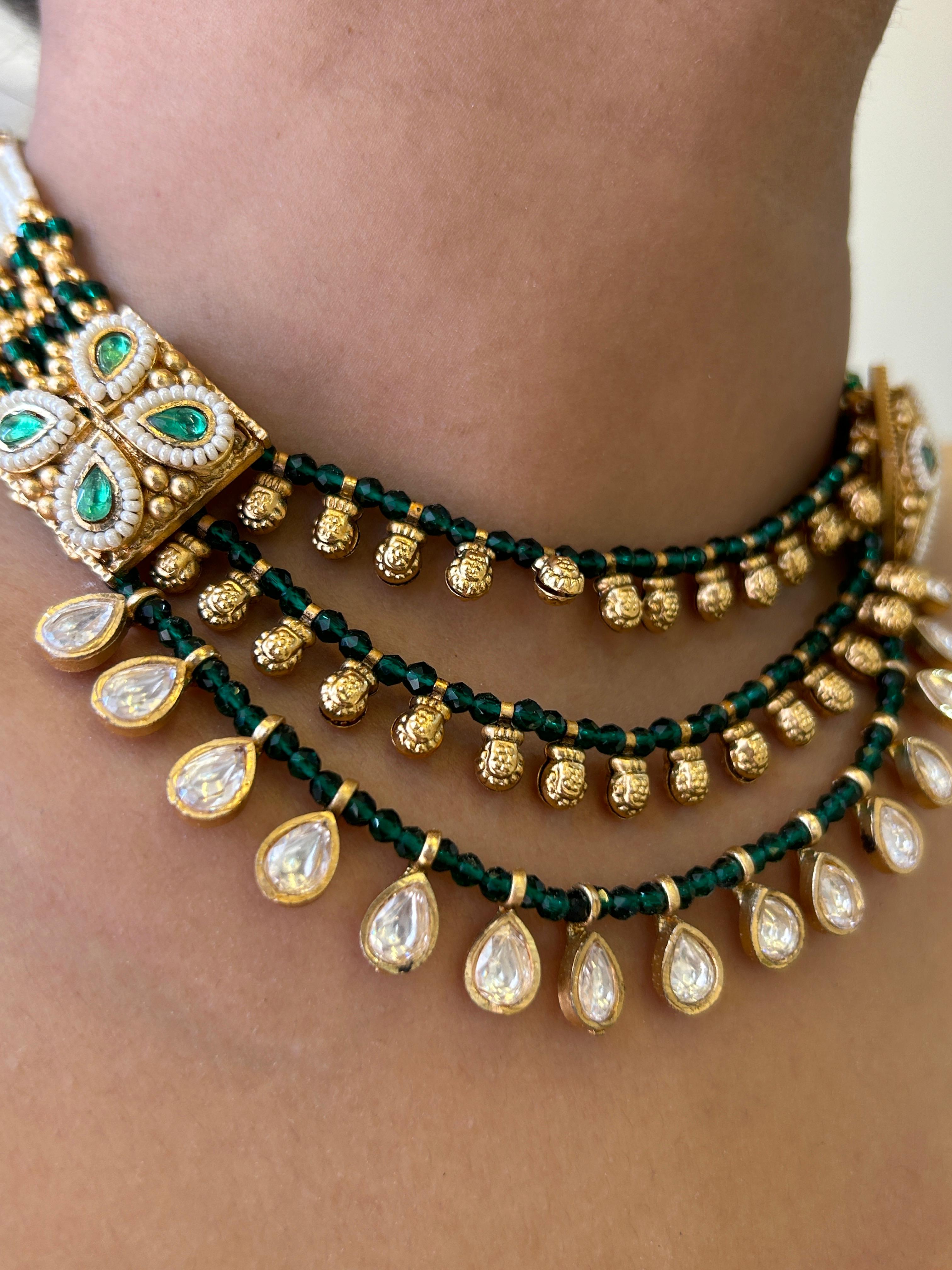 Royal Envy Gold Polish Moissanite Kundan Green Set-Mivanaa