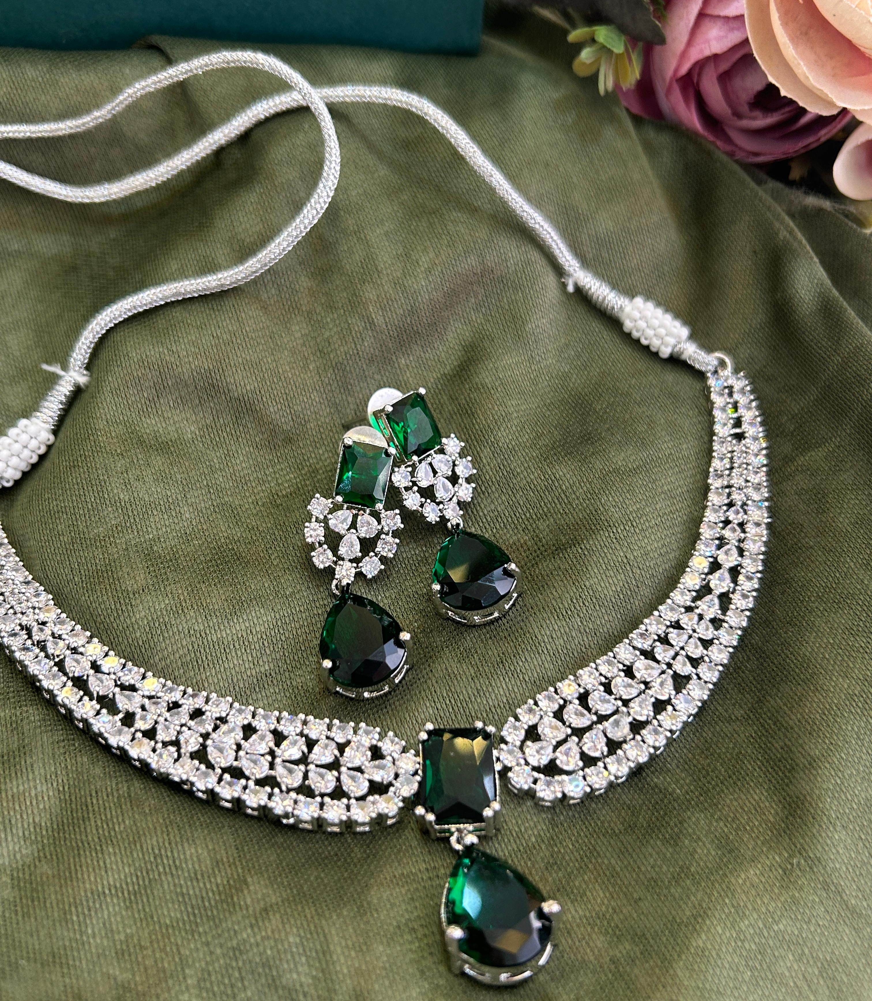 Emerald Eclipse American Diamond Necklace Set-Mivanaa