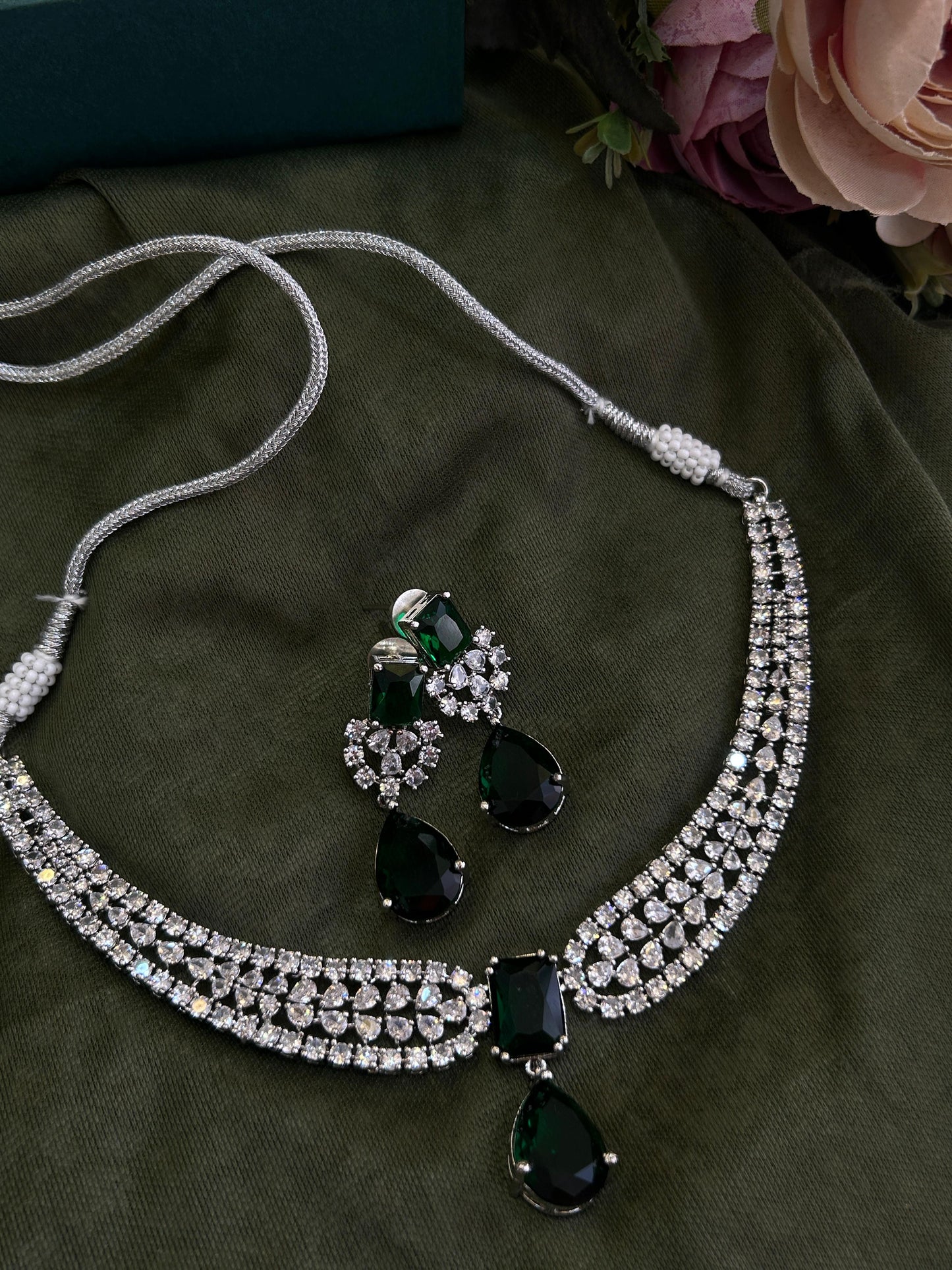 Emerald Eclipse American Diamond Necklace Set