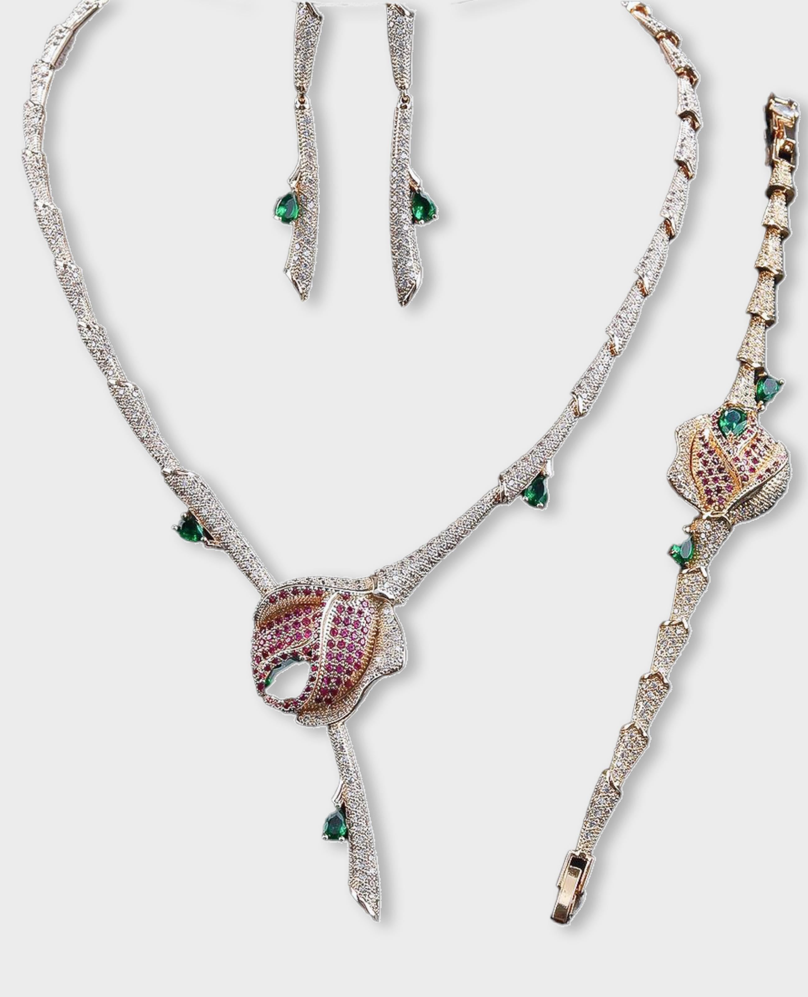 Luxury Ruby & Emerald Peacock-Inspired Diamond Necklace Set with Bracelet