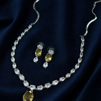 Elegant Yellow Crystal Drop Earrings & Silver Zircon Necklace