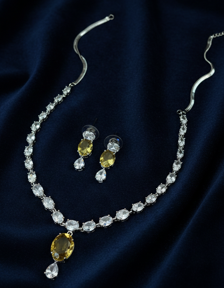 Elegant Yellow Crystal Drop Earrings & Silver Zircon Necklace