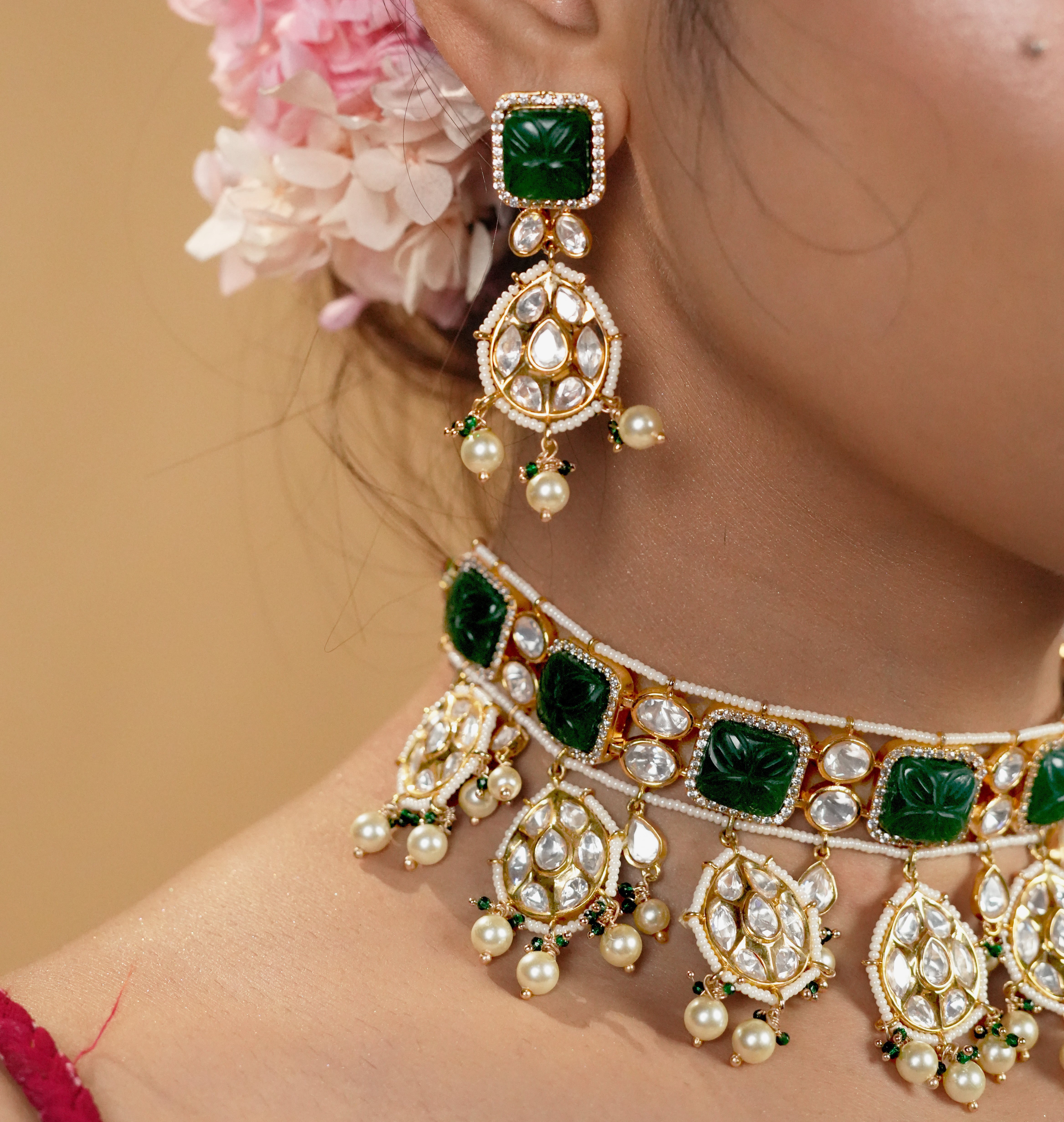 Emerald Royale Real Polki Kundan Necklace Set