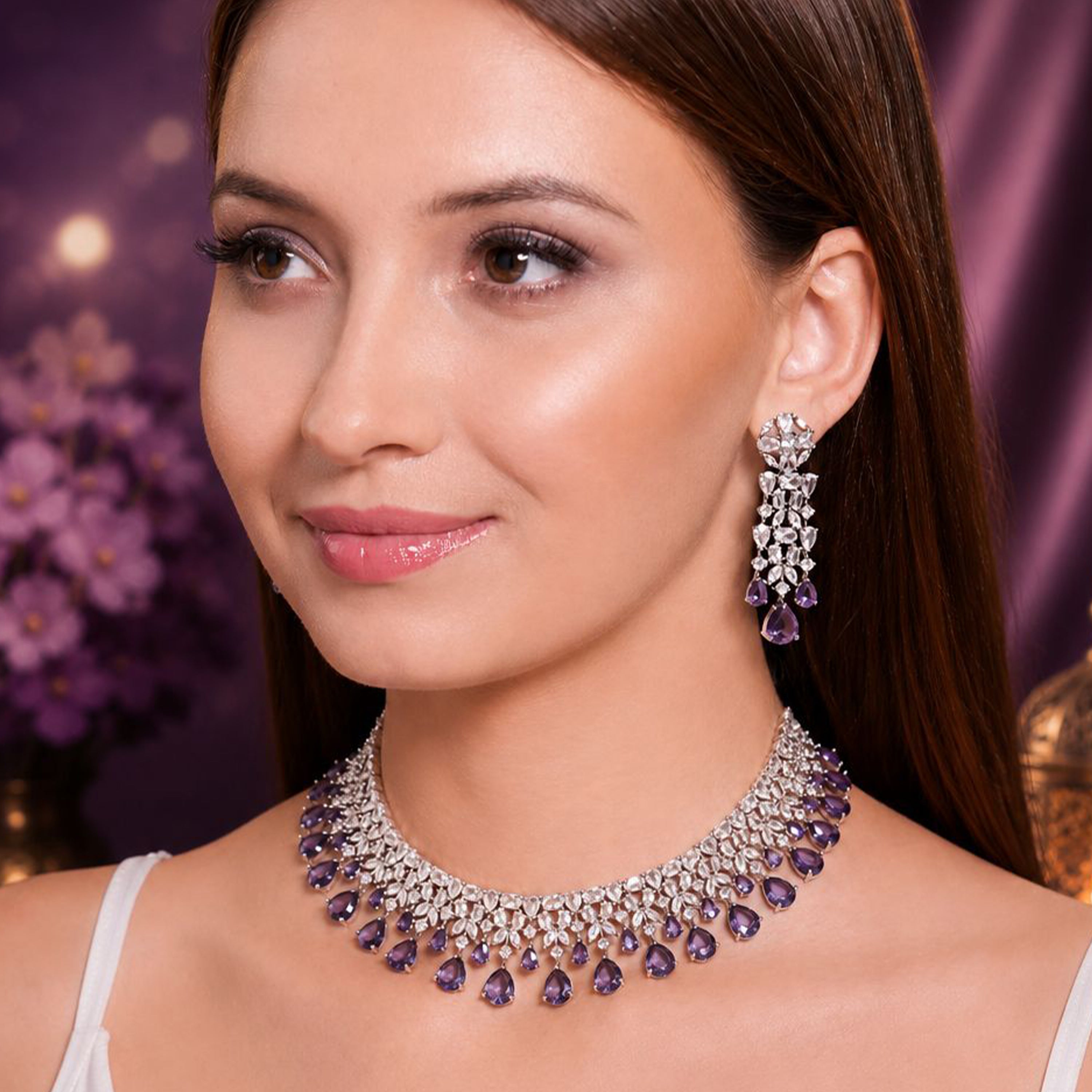 Luxury Purple CZ Diamond Necklace Set