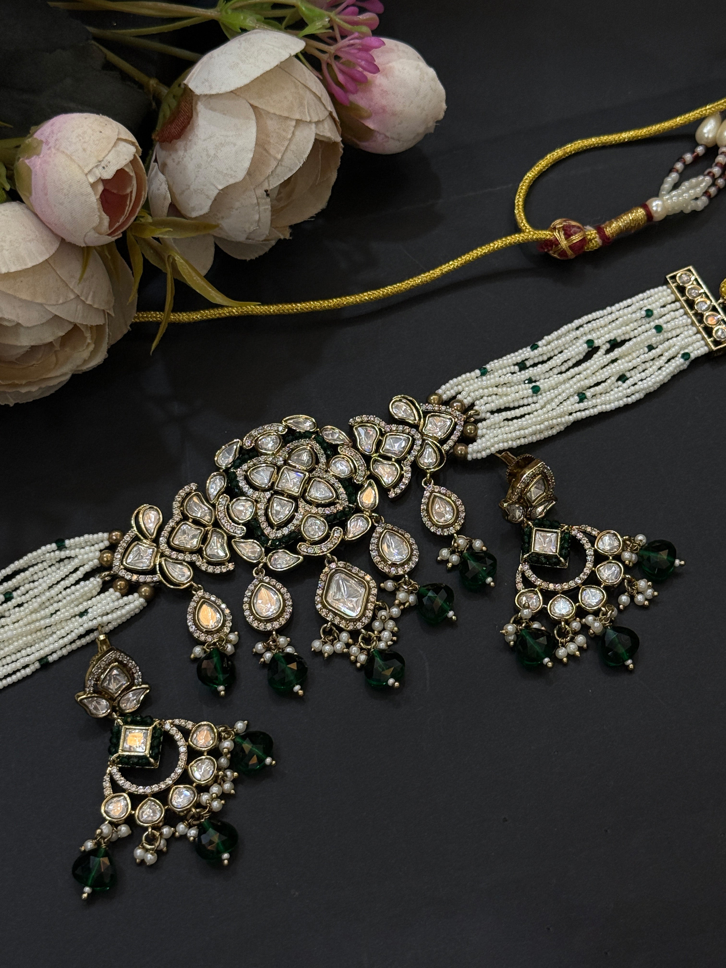 Green Beaded Real Polki Kundan Choker