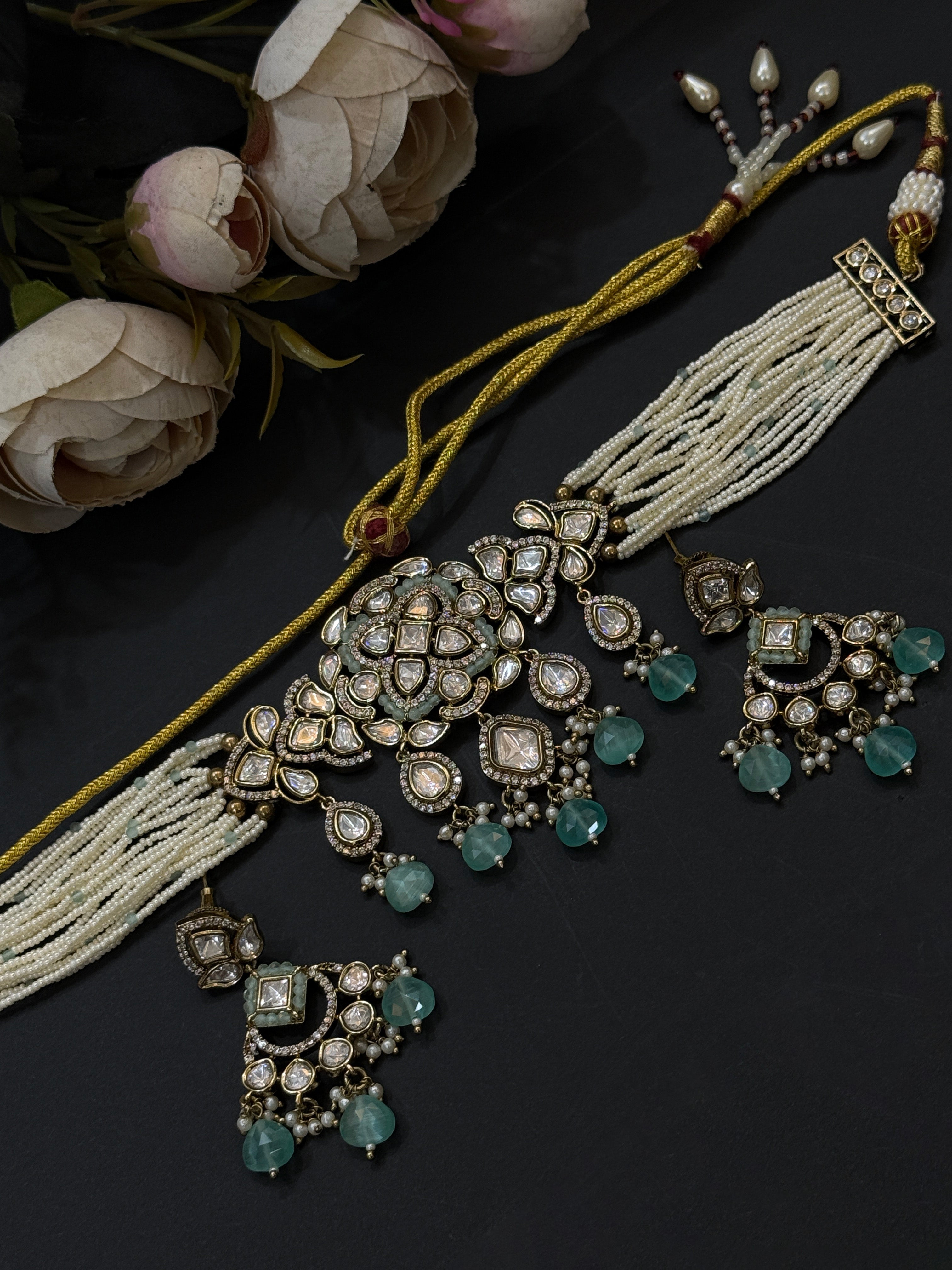 Mint Beaded Real Polki Kundan Choker