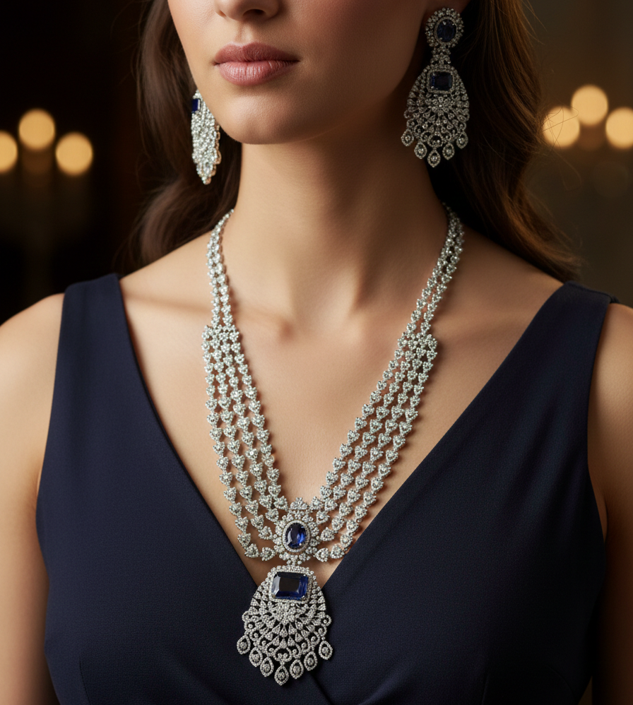 Royal Sapphire Glow American Diamond Necklace Set