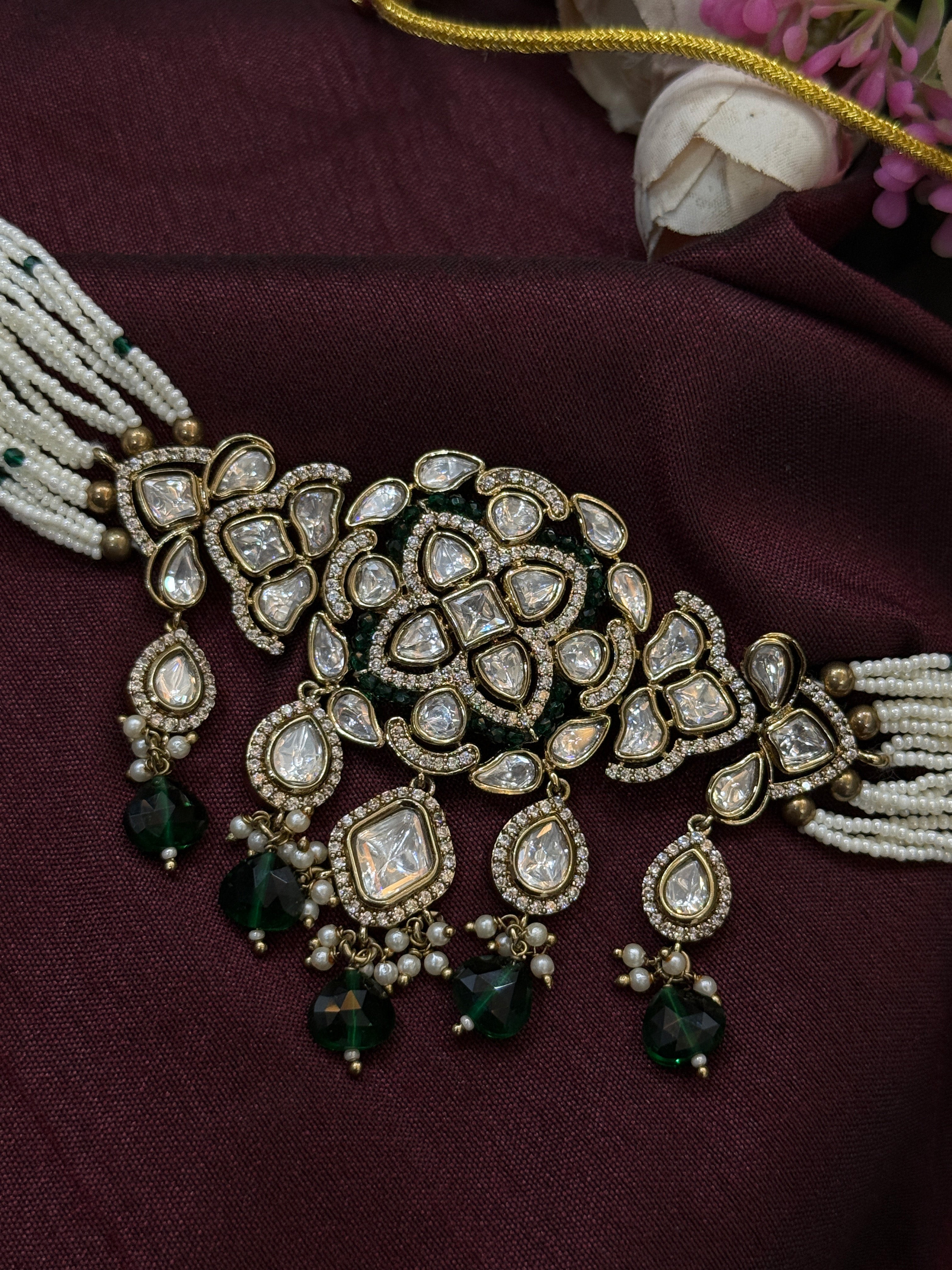 Green Beaded Real Polki Kundan Choker