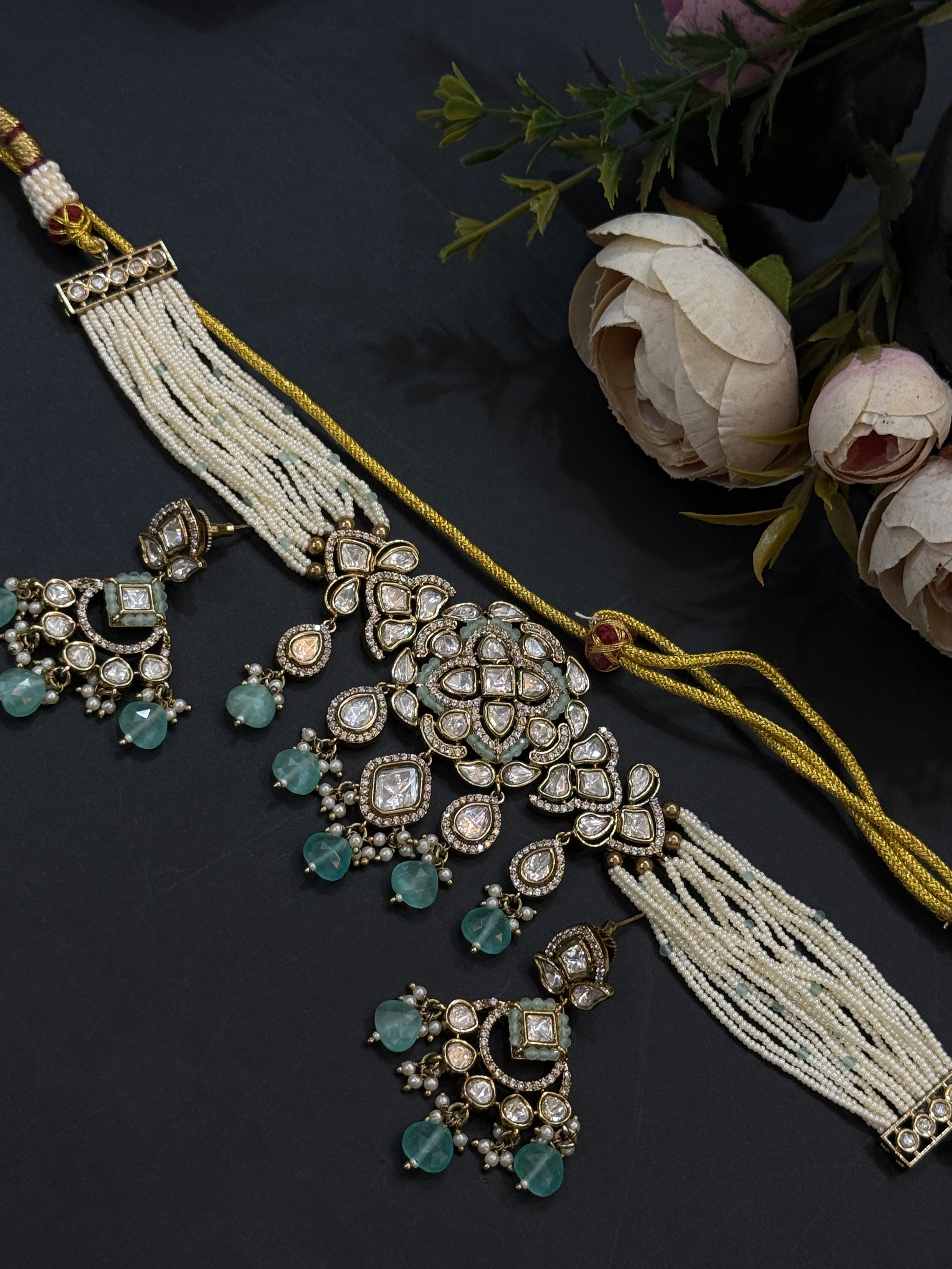 Mint Beaded Real Polki Kundan Choker