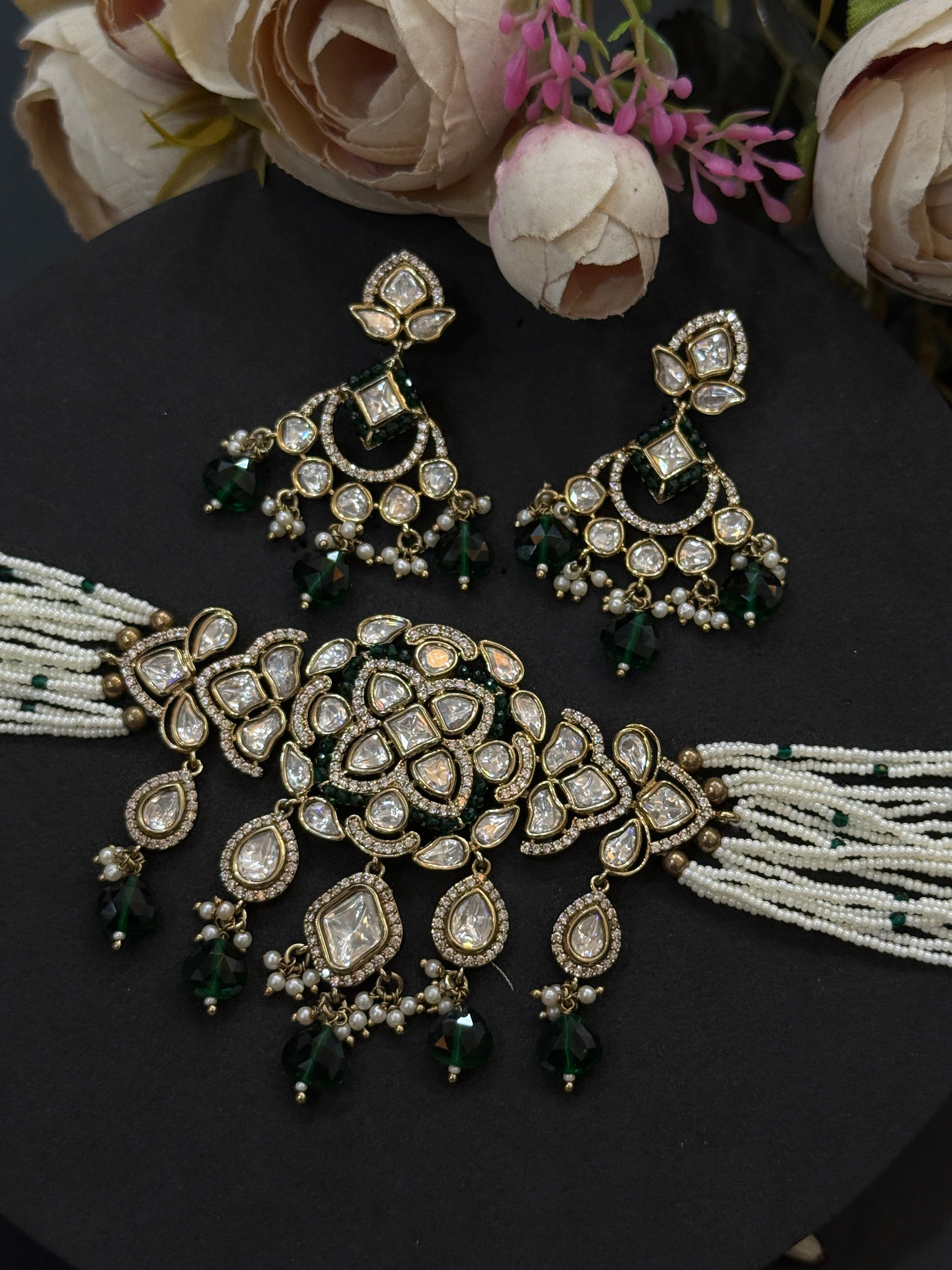 Green Beaded Real Polki Kundan Choker