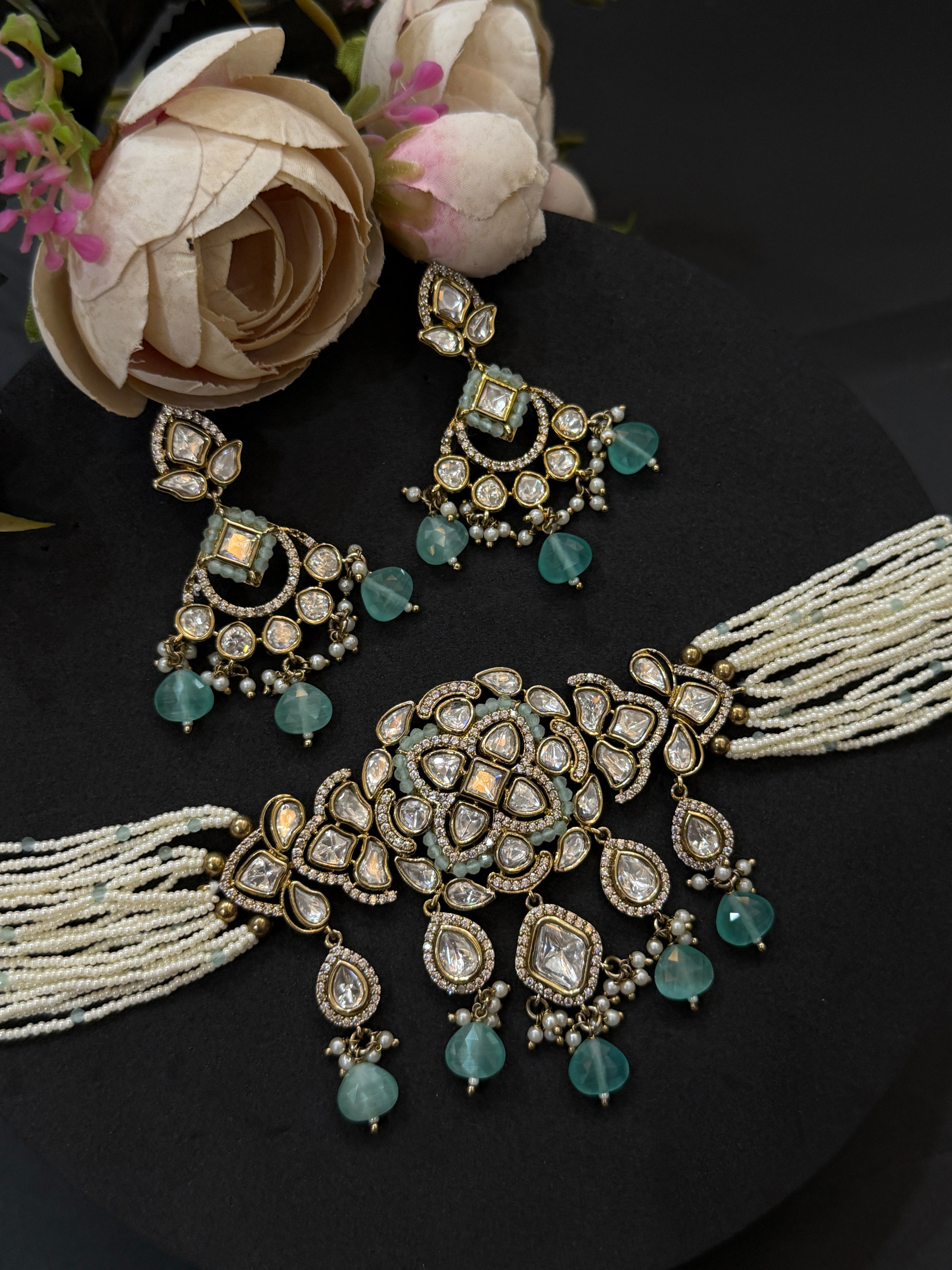 Mint Beaded Real Polki Kundan Choker