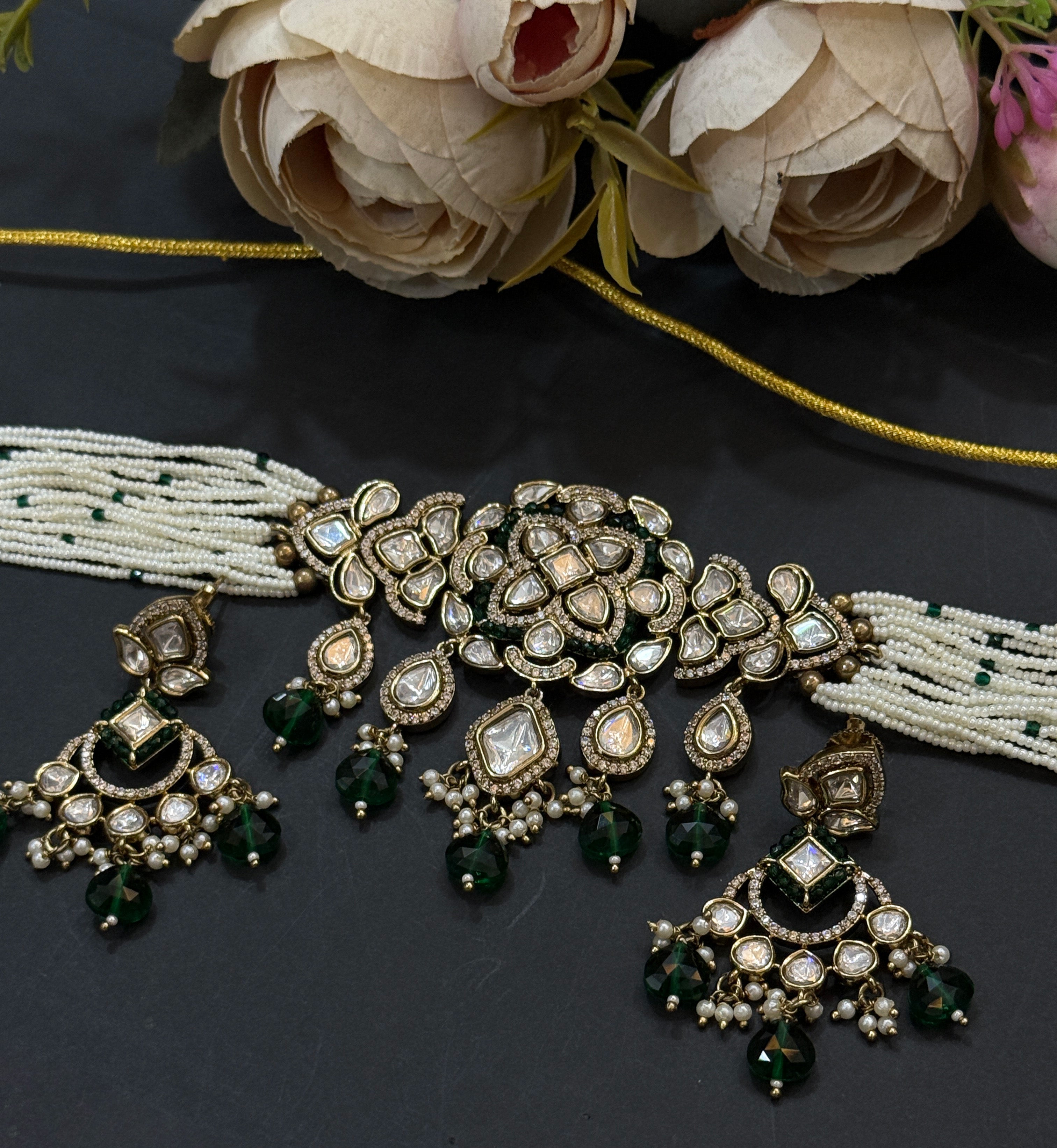 Green Beaded Real Polki Kundan Choker