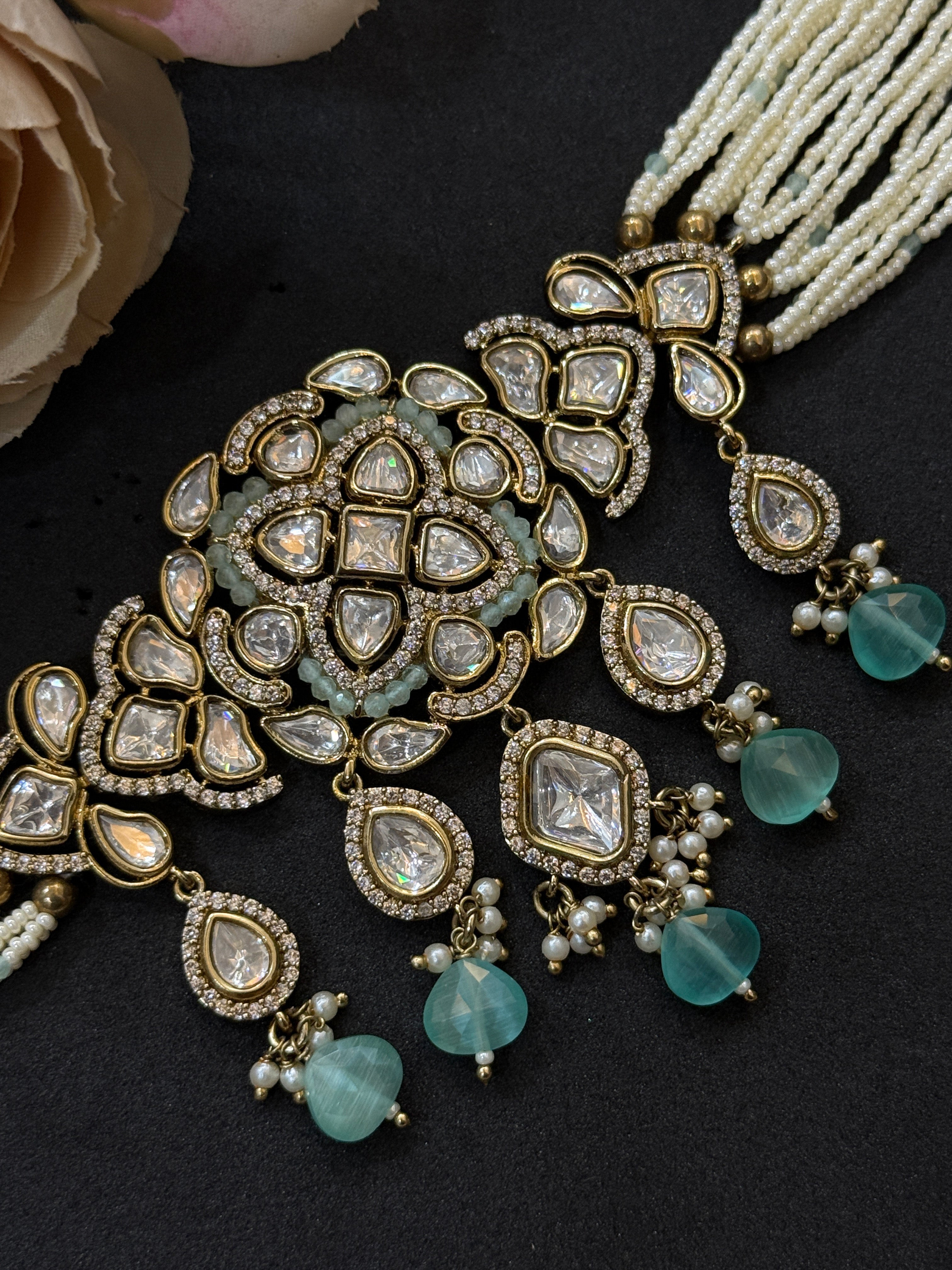 Mint Beaded Real Polki Kundan Choker